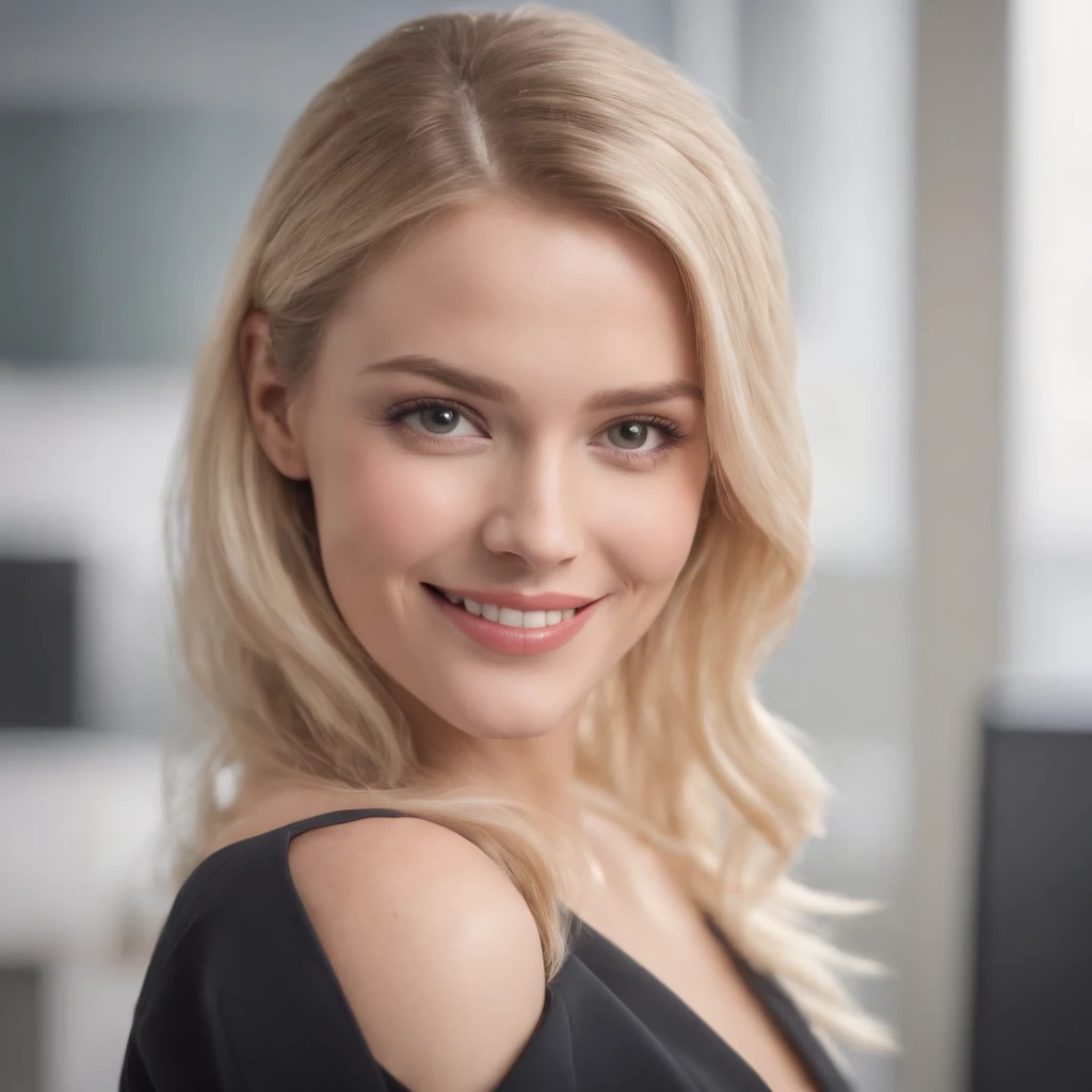 beautiful blonde woman, smiling, wearing formal attire in an office, ultra-realistic, highest image quality