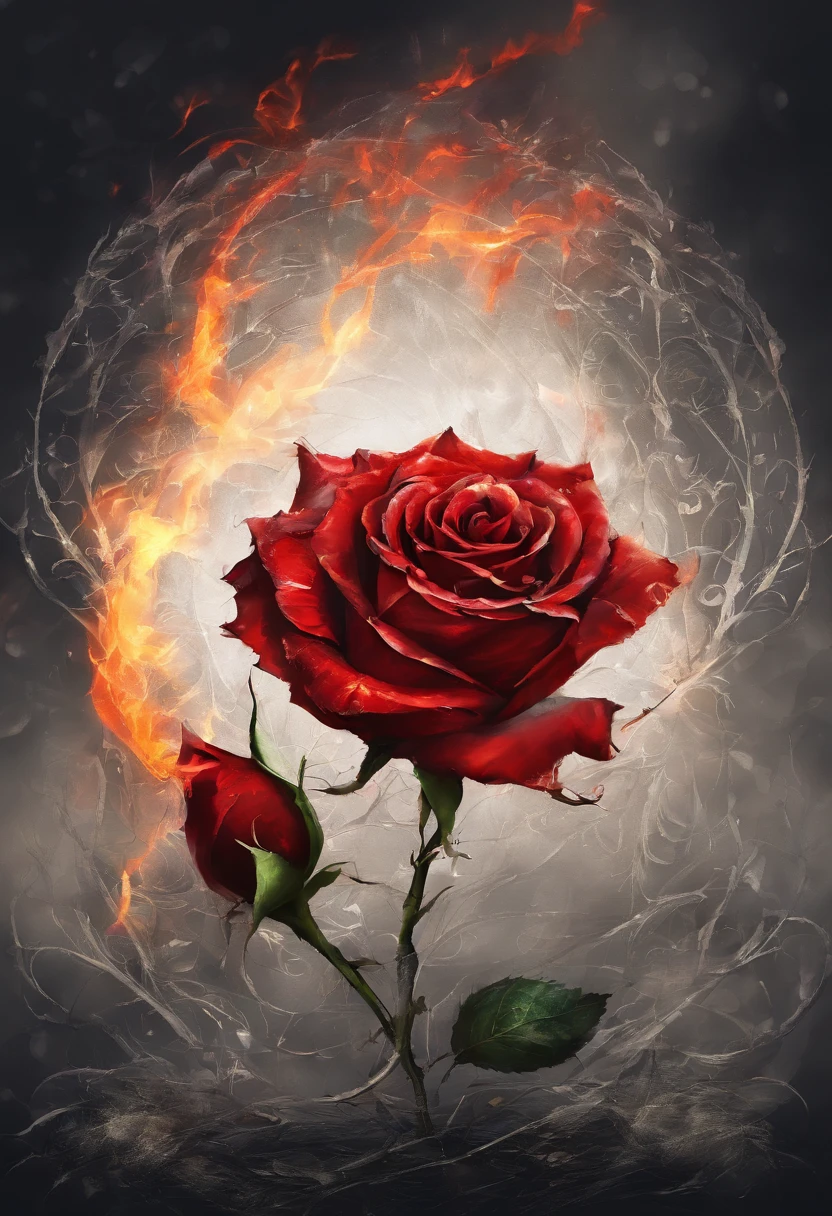 The background is dark，There is a red rose on fire in the middle，Red roses on fire，Sad，The glass shattered，Love is broken，Plain background image，There are no characters