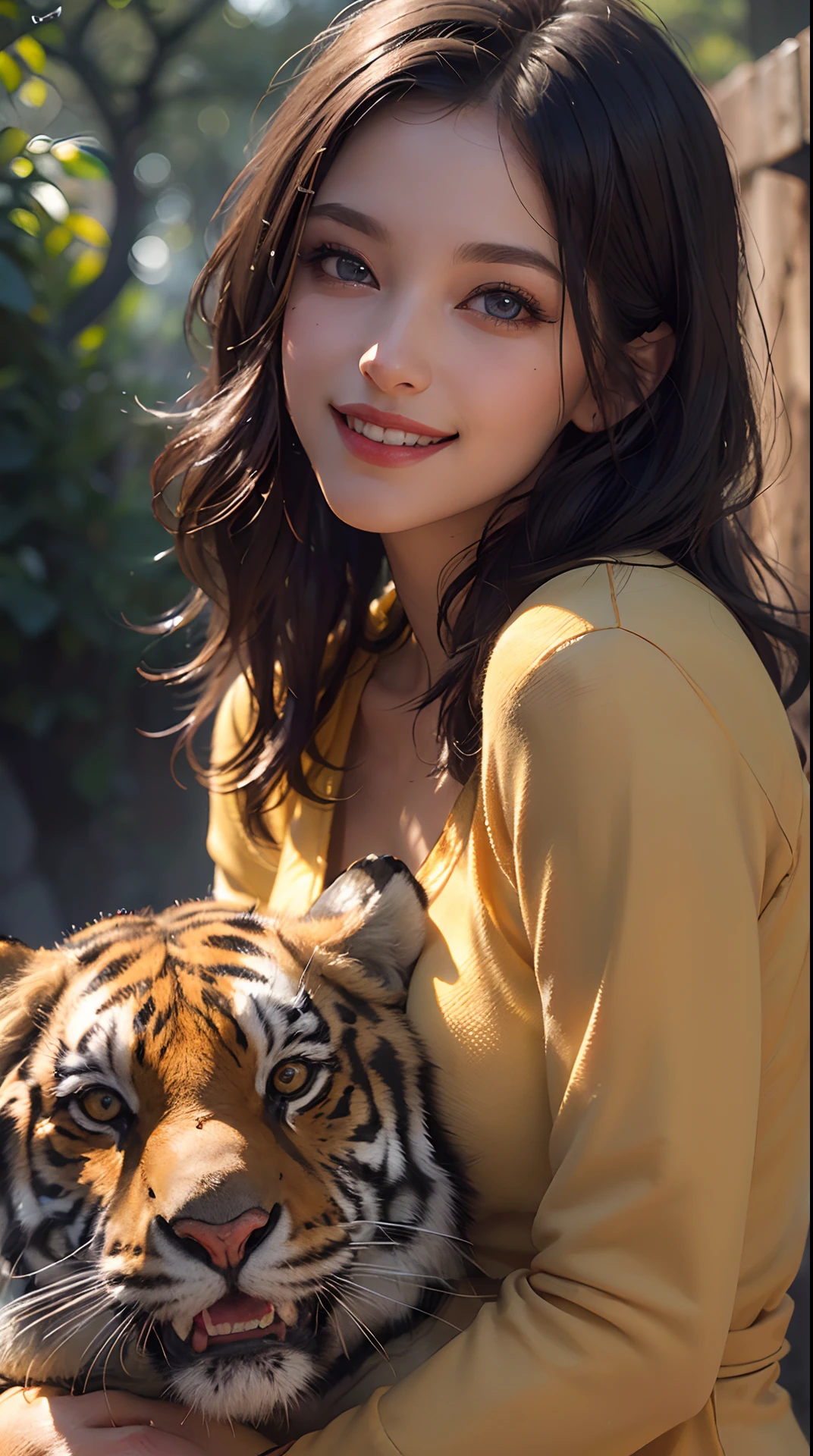 (Best Quality,4K,8K,hight resolution,masutepiece:1.2), Ultra-detailed, (Realistic,Photorealistic,Photorealsitic:1.37),(Beautiful detailed eyes, Beautiful detailed lips, extremely detailed eye and face, long eyelashes),Studio Lighting,Physically-based rendering,Vivid colors,(Woman hugging tiger, Woman in shortcuts, huge smile:1.2),