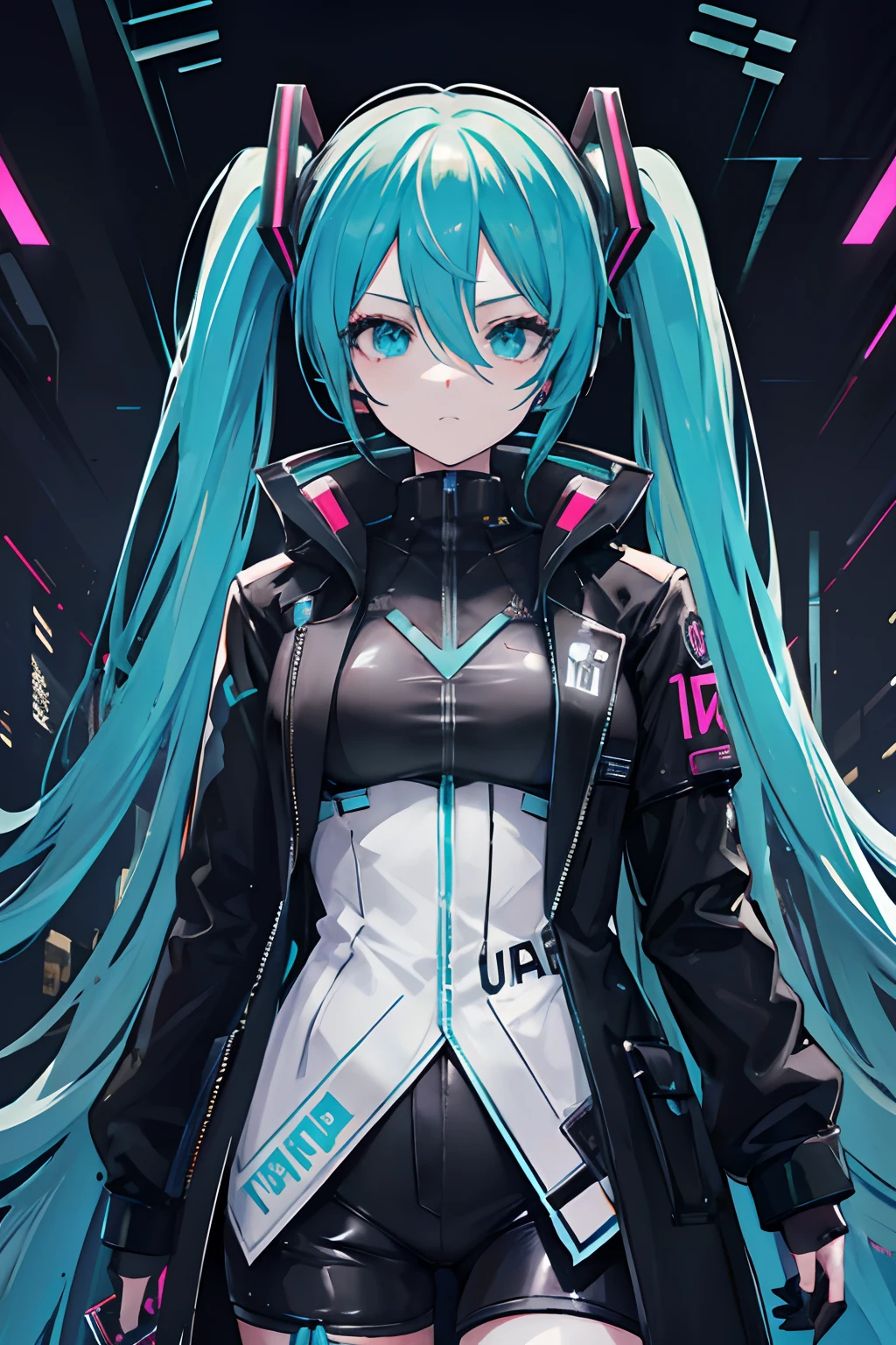 Hatsune Miku hacker, Watch Dogs, Cyberpunk 2077, ((Black Overcoat)), High res, best res, absurd res, good face, best face
