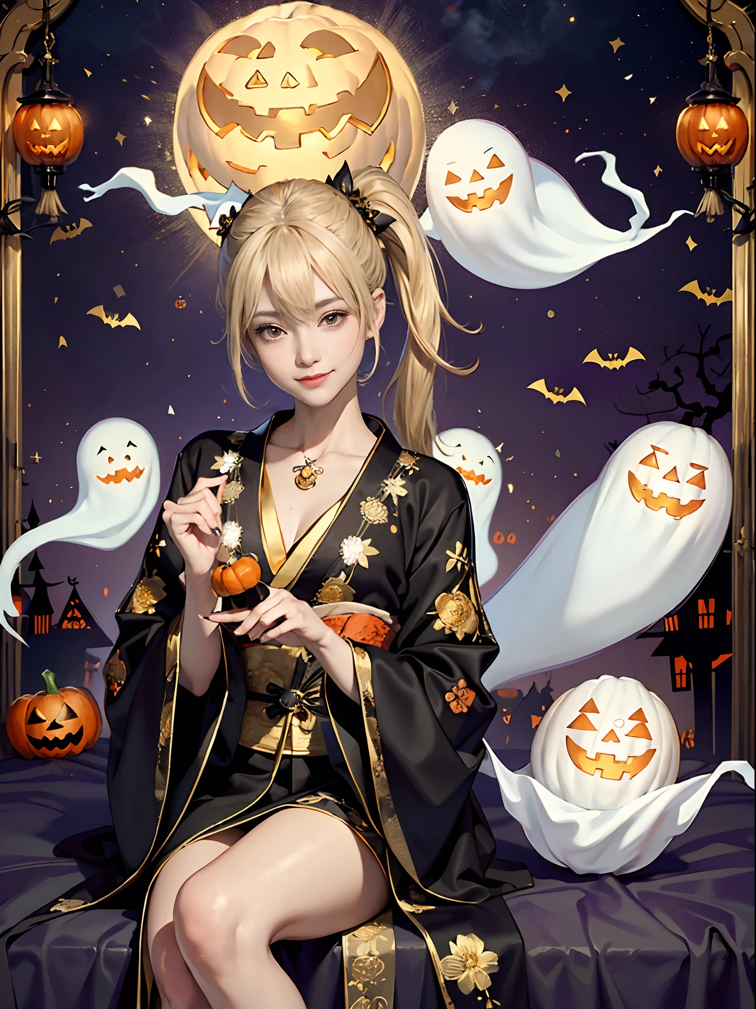 (rokoko:1.5),Background of details(halloween night:1.5)(fullmoon:1.2)(Station Square at Night(Crowds):1.5)((squash,ghost):1.5),BREAK ,elaborate costume(Luxury kimono(Black kimono(detailed embroidery(blanche,golds)))),BREAK,(1 Beautiful and classy adult woman(Shy smile(tusk):1.2)(Japanese actressl:1.2)(黒髪(poneyTail:1.2))),(eye glass(four corners:1.2)),(Have candy:1.2),BREAK,Wallpapers 16K,Blur the background,)(masutepiece,Best Quality,Portrait photos):1.5),full body Esbian