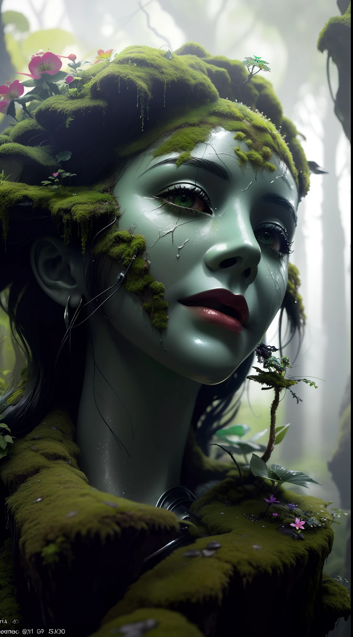 A closeup of a statue with moss growing on it, alma da floresta, mulher feita de plantas sorrindo, Mother Nature, mechanical vegetal cyborg, unreal engine render + uma deusa, Surrealismo 4K, Nenhum estilo de arte de Filip Hodas, Arte digital altamente detalhada em 4k, Arte de fantasia hiperrealista, Flora humanoide, Grande arte digital com detalhes