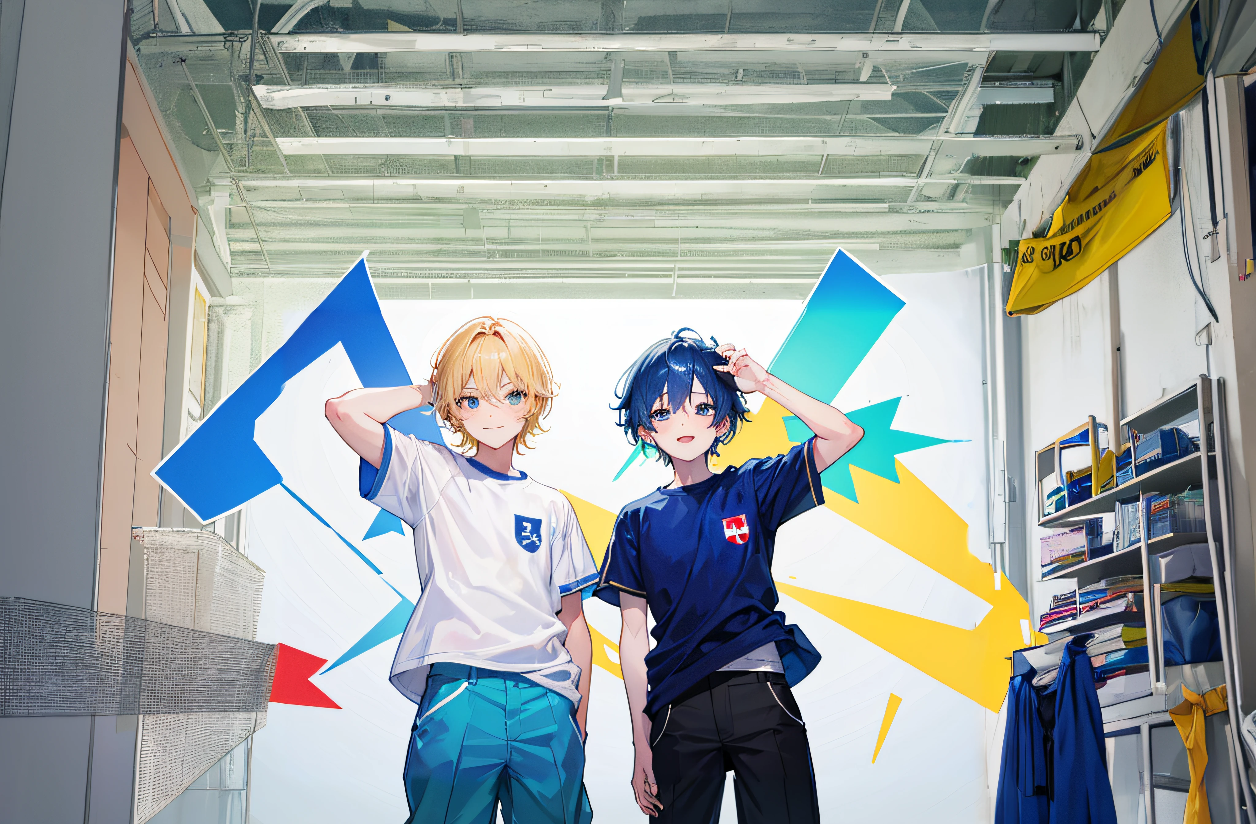 Two happy -yeld Nogian male students in school uniform: Camiseta amarilla y pantalones largos azules para una y Camiseta azul y pantalones largos azules. They're in the school stadium