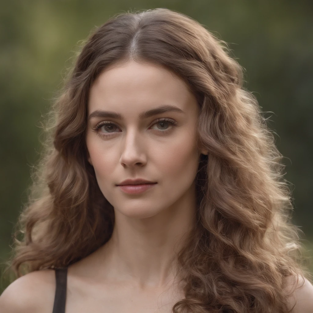 1 femme blanche, photo realist, face detailed, Trablho Local, very high detail, long curly hair, profondeur de champ, cheveux noisette,