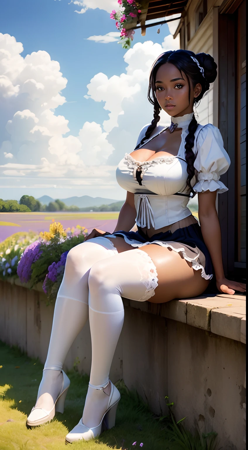 Full body, 1girl, solo, sitting down, beautiful 25 year old woman, pacific islander, (dark skin:1.4), dark hair, braided updo, large breasts, lavender dirndl, (white stockings), wedge heels, fields of flowers, sunshine, clouds, sexy pose, seductive pose