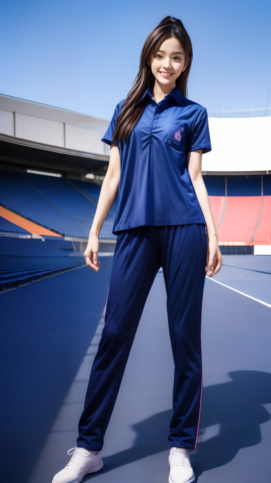 (bestquality,10,10,highres,masterpiece:1.2),ultra-detail,(Realistic,photorealistic portrait,photo-realistic:1.37),1 Cute girl in the football field,oily shiny skin,bara,light smile,BDclothes,((blue shirt:1.3)),short sleeves,shirt, trousers.,(navy_long_Pants Track:1.1), ((Stadium Background:1.3)),dynamic angle,excited,face focus,Dynamic Poses,from behide,Ass Focus,masterpiece, bestquality, ultra realistic, hyper-detail, 8k resolution, RAW photo, crisp focus, ((Navy blue shirt:1.1)), short sleeves, Long Path, Perfect body, 2 mature women, 18yo, cinematic light,Blue sweatpants,Gymware,Correct anatomy,Complete body, Correct body, sharp face, Anatomically correct body, full entire body, Realistic gestures, long-haired, Realistic poses,Wear long shorts..............,Long leg span,Shapely,Sculpting Girl, Slender Figure, mannequin mannequins, Shapely, Beautiful body,Blue sweatpants