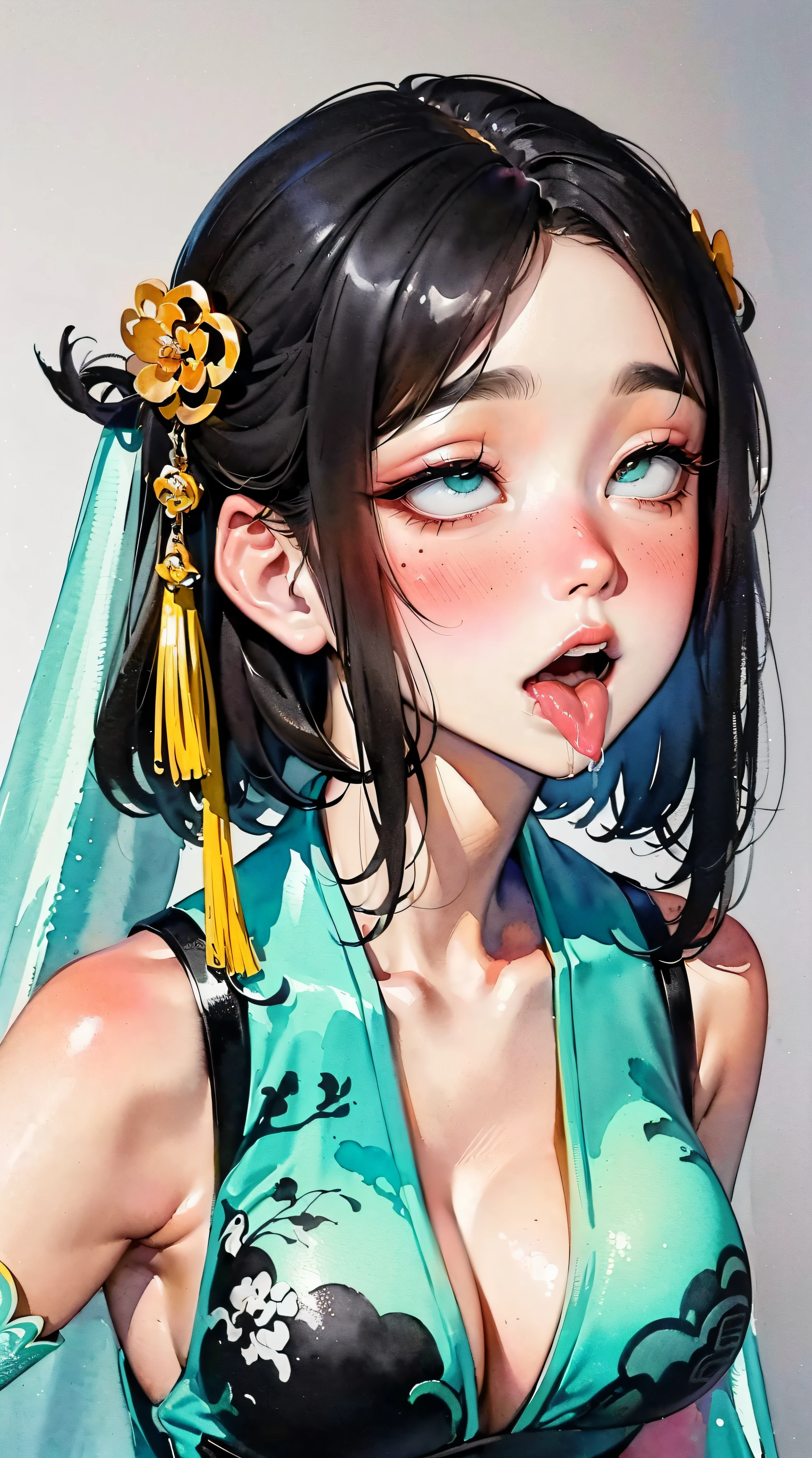 (((((((Chinese ink painting,watercolor paiting,cyan chinese hanfu,saliva,tongue from mouth,blush:1.2,veil,baggy cuffs,))))))),((1girl,under-aged,amazing,sharp focus,seductive girl,Solo,from above:1.3,bent over:1.2,))(Masterpiece,Best quality, offcial art, Beautiful and aesthetic:1.2),((超高分辨率,Golden ratio,)) (16k),((upper upper shot,close of face:1.2,focus on face:1.2,succubi,fairy,big breast)),(Physically-based rendering),Sharp focus, (((highdetailskin,))),Intricately detailed clothing,Delicate pupils,heart pupils,crimson pupils,danfeng eye,((((detailed hair|short hair|steep bangs|Long bold side bangs|top bow)))),Slender,(masterpiece sidelighting),(The sheen),(beautiful hair,beautiful eyes,)((unbelievable Ridiculous,blur background,)),((extremely_Detailed_Eyes_and_face)),Movie girl,(Dynamic configuration: 1.2),Brilliant,Glossy, (Photorealistic), mitts, ((hairpin)), two-sided fabric,disheveled hair,Ultra-precise depiction, Ultra-detailed depiction,