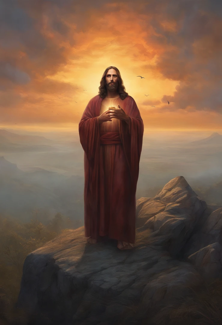 jesus christ, arrodillado orando a los cielos, frente a un hermoso orisonte, con la puesta de sol, In connection with the divine, foto retrato, Dirigido por: Drew Tucker, Dirigido por: Adam Marczyński, Dirigido por: Aleksandr Kucharski, Dirigido por: Gavin Nolan, Surrealismo 8K, Dirigido por: Jason Félix, Yuri Shwedoff y Tom Bagshaw, Arte ilustrativo, Estilo Erik Johansson