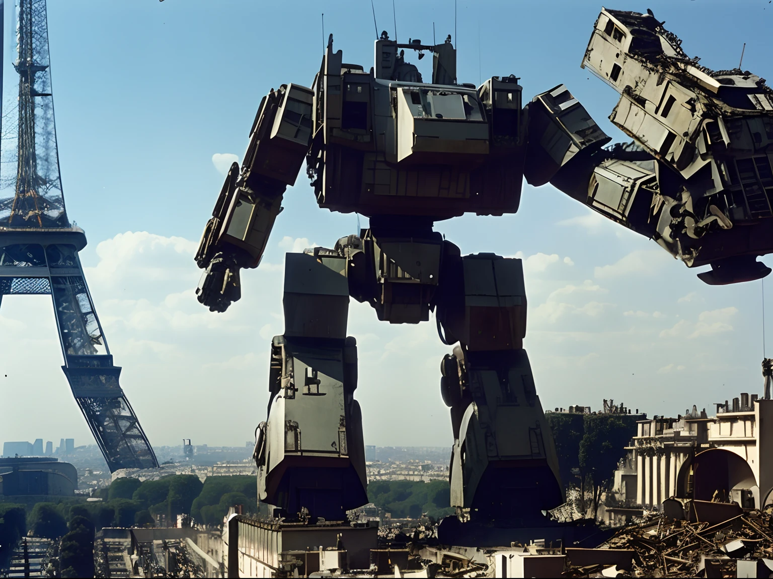 Arriflex camera photography, 1945, giant mecha robot, flying over Paris in ruins, low angle, style raw.