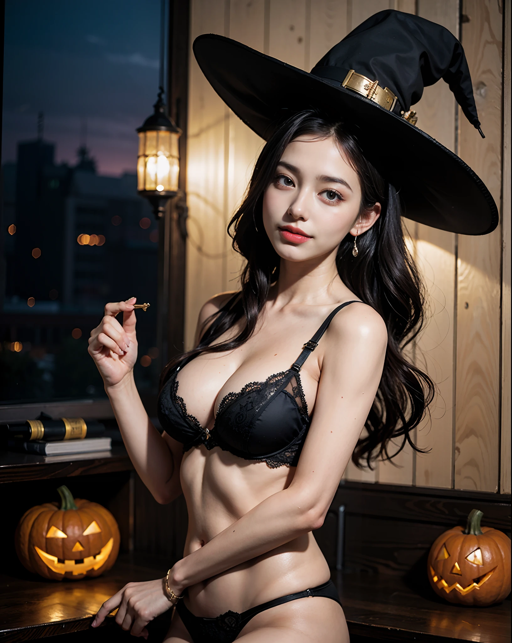 NSFW, The perfect image with a Halloween vibe, Perfect and beautiful cityscape decorated with jack-o'-lanterns and lamps, Deep background, beautiful  Girl, Bright smile, [Sweaty and glowing skin], Very exposed skin beautiful witch costume, Old-fashioned atmosphere The Witch in the Pointy Hat, The witch's costume is a masterpiece full of jewelry. (Real Skin, of the highest quality, masutepiece, nffsw, Super Resolution, Photorealistic), Sexy Bra, Sexy Tight Panties, Cowboy Shot