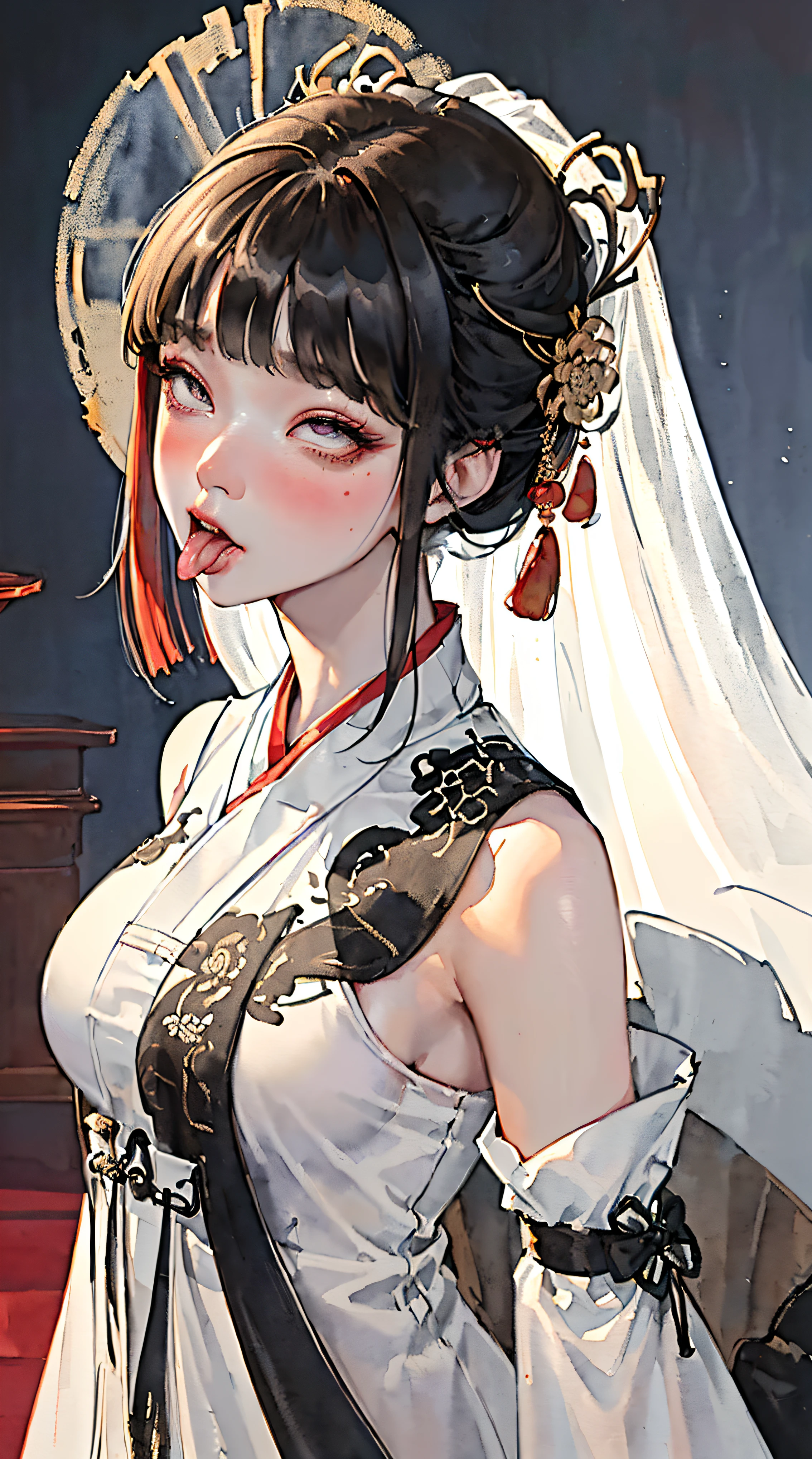 (((((((Chinese ink painting,watercolor paiting,ancient chinese hanfu,saliva,tongue from mouth,blush:1.2,veil,baggy cuffs,))))))),((1girl,under-aged,amazing,sharp focus,seductive girl,Solo,from above:1.3,bent over:1.2,))(Masterpiece,Best quality, offcial art, Beautiful and aesthetic:1.2),((超高分辨率,Golden ratio,)) (16k),((upper upper shot,close of face:1.2,focus on face:1.2,succubi,fairy,big breast)),(Physically-based rendering),Sharp focus, (((highdetailskin,))),Intricately detailed clothing,Delicate pupils,heart pupils,crimson pupils,danfeng eye,((((detailed hair|short hair|steep bangs|Long bold side bangs|top bow)))),Slender,(masterpiece sidelighting),(The sheen),(beautiful hair,beautiful eyes,)((unbelievable Ridiculous,blur background,)),((extremely_Detailed_Eyes_and_face)),Movie girl,(Dynamic configuration: 1.2),Brilliant,Glossy, (Photorealistic), mitts, ((hairpin)), two-sided fabric,disheveled hair,Ultra-precise depiction, Ultra-detailed depiction,