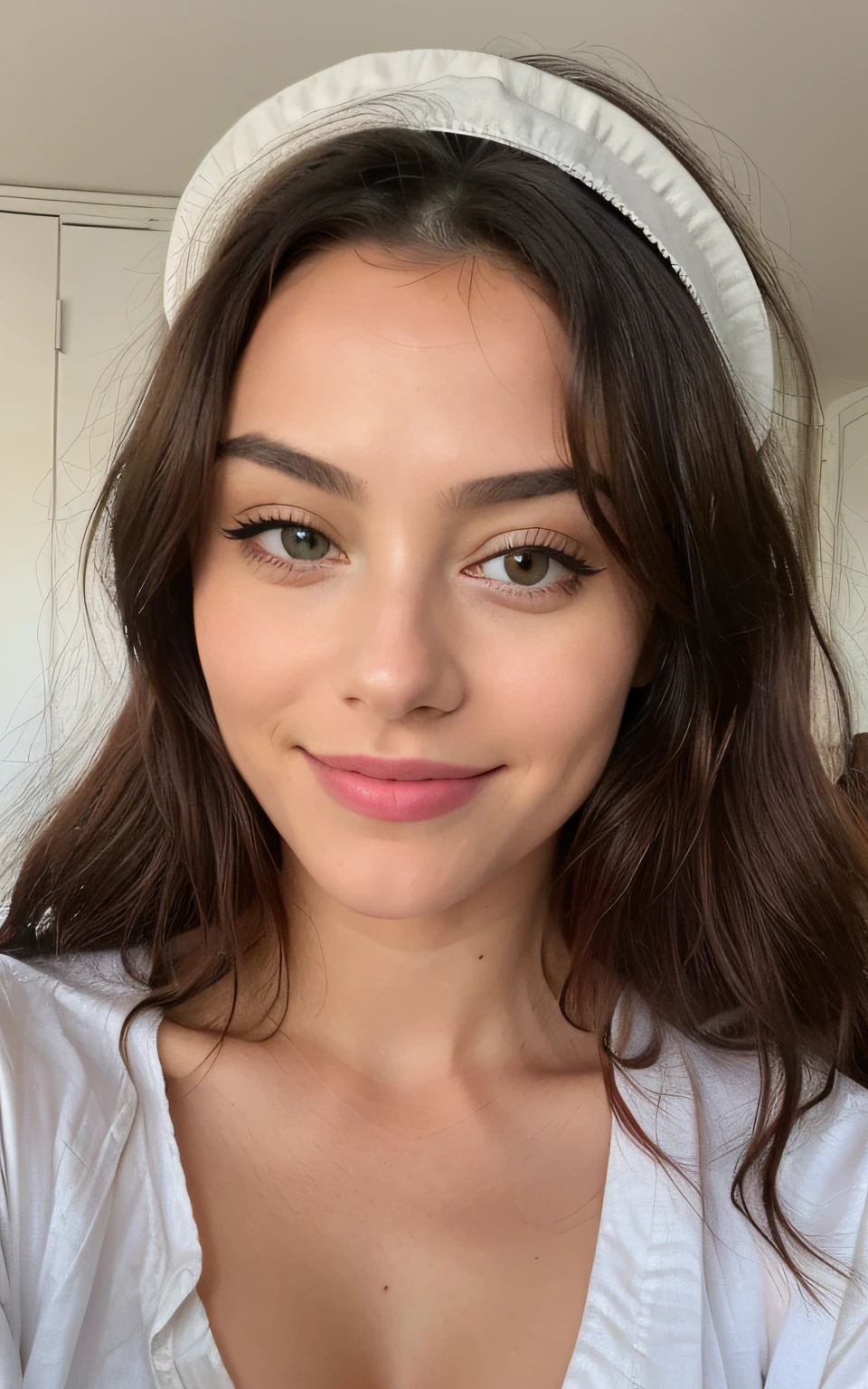 photoreallistic, Best quality, hyper detailed, beautiful woman,pretty , Photo selfie, Haut du corps, seulement, Let the head , bonnet, (Sourire exceptionnel、Un brun、seize ans、gai, content), , Regarder le spectateur, texture de la peau, grain du film, Gros plan, 超High resolution, Meilleure ombre, .RAW, instagram LUT,Origine pollogne,