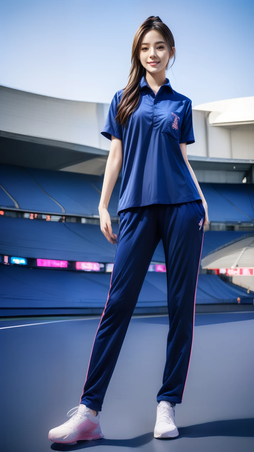 (bestquality,10,10,highres,masterpiece:1.2),ultra-detail,(Realistic,photorealistic portrait,photo-realistic:1.37),1 Cute girl in the football field,oily shiny skin,bara,light smile,BDclothes,((blue shirt:1.3)),short sleeves,shirt, trousers.,(navy_long_Pants Track:1.1), ((Stadium Background:1.3)),dynamic angle,excited,face focus,Dynamic Poses,from behide,Ass Focus,masterpiece, bestquality, ultra realistic, hyper-detail, 8k resolution, RAW photo, crisp focus, ((Navy blue shirt:1.1)), short sleeves, Long Path, Perfect body, 2 mature women, 18yo, cinematic light,Blue sweatpants,Gymware,Correct anatomy,Complete body, Correct body, sharp face, Anatomically correct body, full entire body, Realistic gestures, long-haired, Realistic poses,Wear long shorts..............,Long leg span,Shapely,Sculpting Girl, Slender Figure, mannequin mannequins, Shapely, Beautiful body,Blue sweatpants