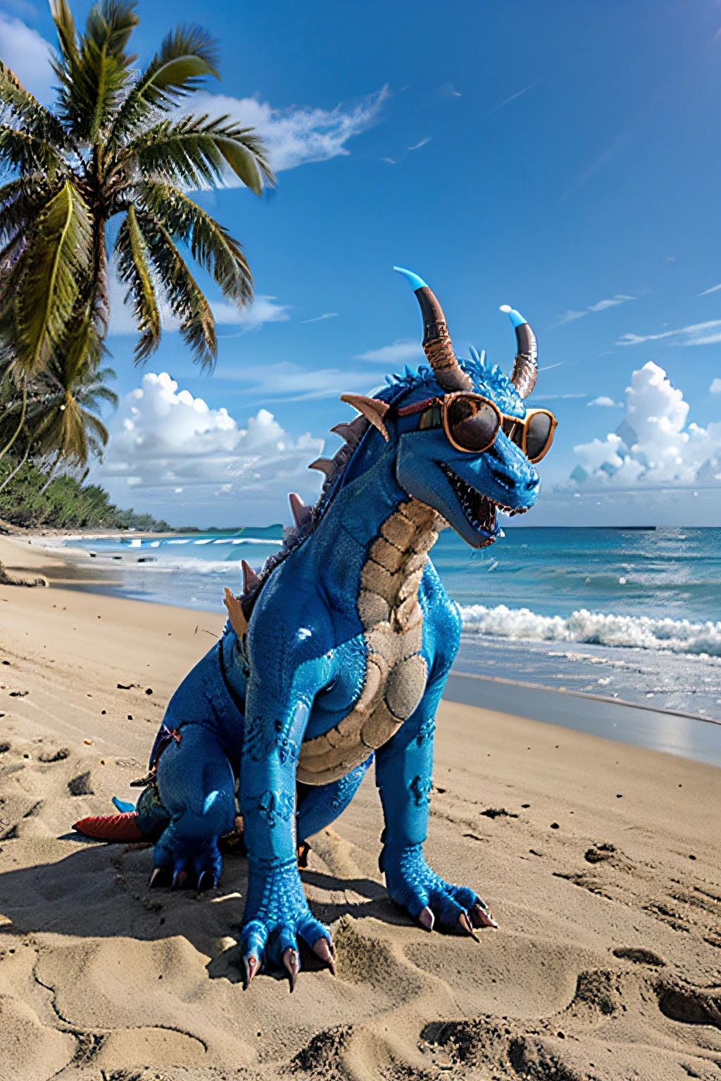 A giant blue dragon creature from a fantasy world wearing a Hawaiian shirt and sunglasses taking a vacation on a beach