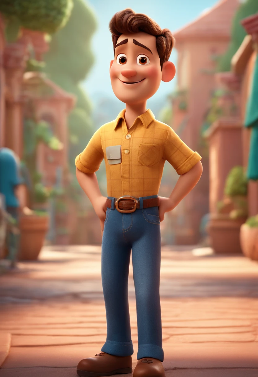 Estilo Pixar: Diretor gordinho adulto careca branco com uma camisa de colar em frente uma escola brasileira corpo inteiro, poster, fotografia, 3d render estilo disney, cardboard, .png e