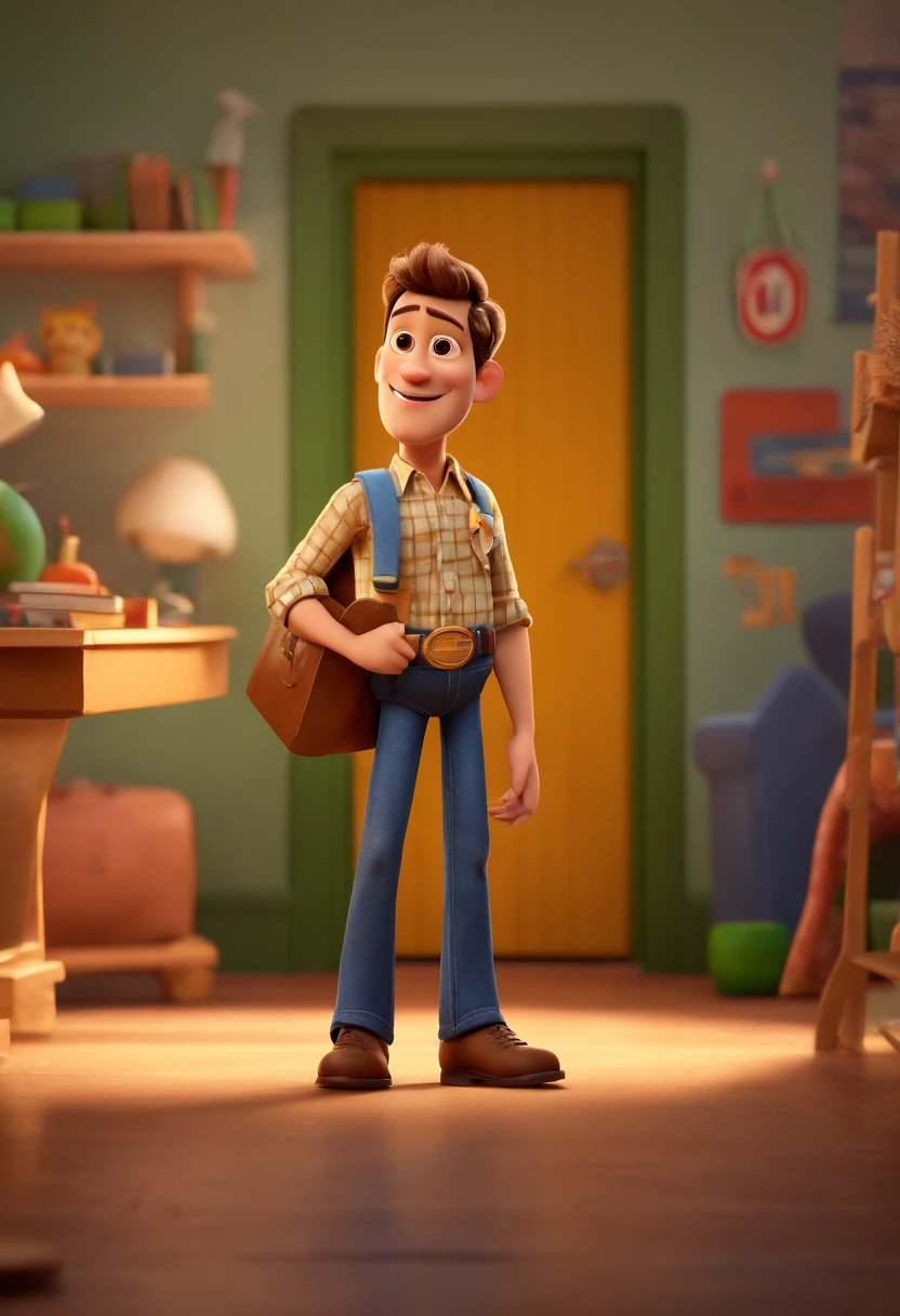 Estilo Pixar: Diretor gordinho adulto careca branco com uma camisa de colar em frente uma escola brasileira corpo inteiro, poster, fotografia, 3d render estilo disney, cardboard, .png e