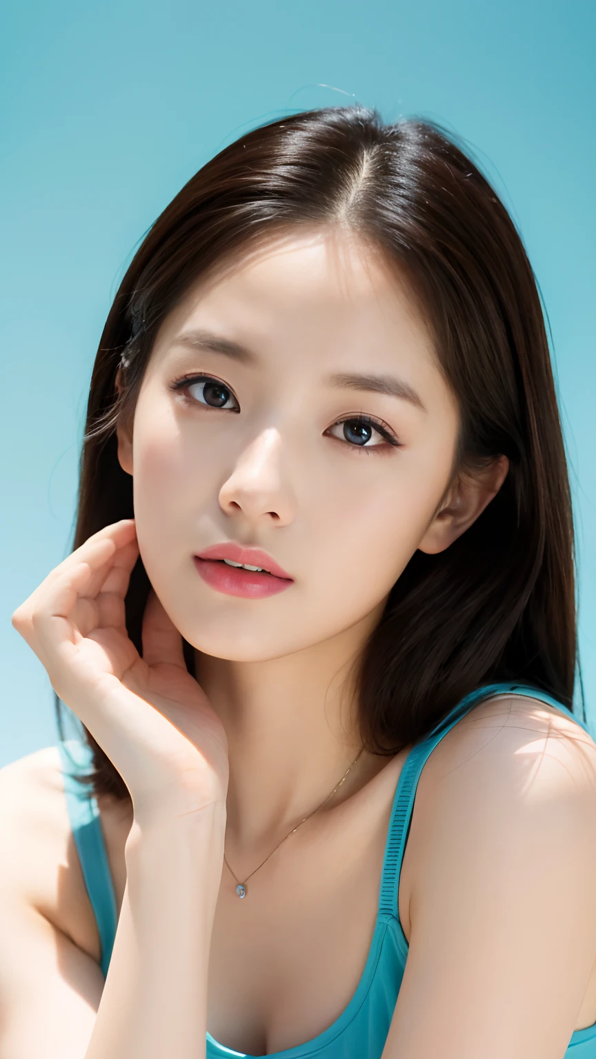 Best quality,masterpiece,ultra high res,(photorealistic:1.4),1girl, in studio, pastel blue background,