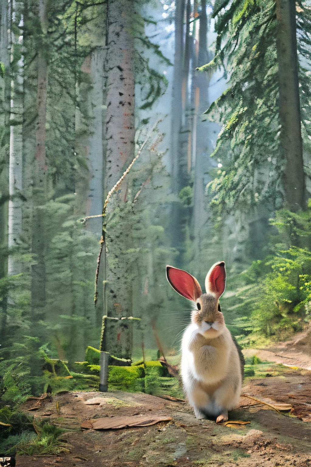 a cute bunny，Look at the map，Hike through the forest in the best quality，Masterpiece，（pastel colour：1.2）