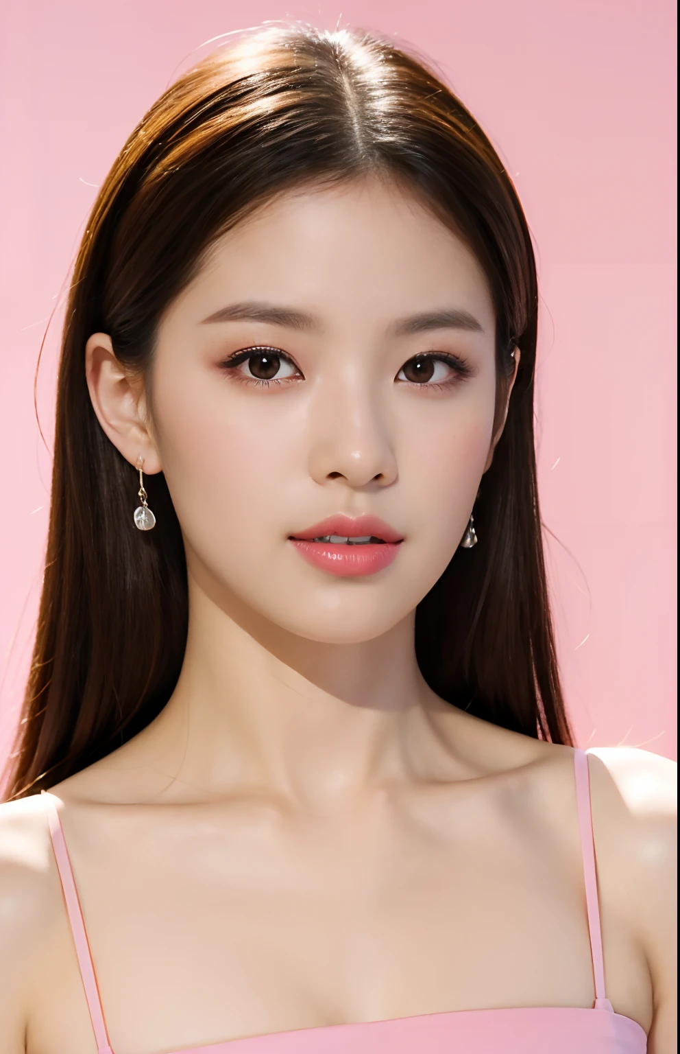 Best quality,masterpiece,ultra high res,(photorealistic:1.4),1girl, in studio, pastel pink background,