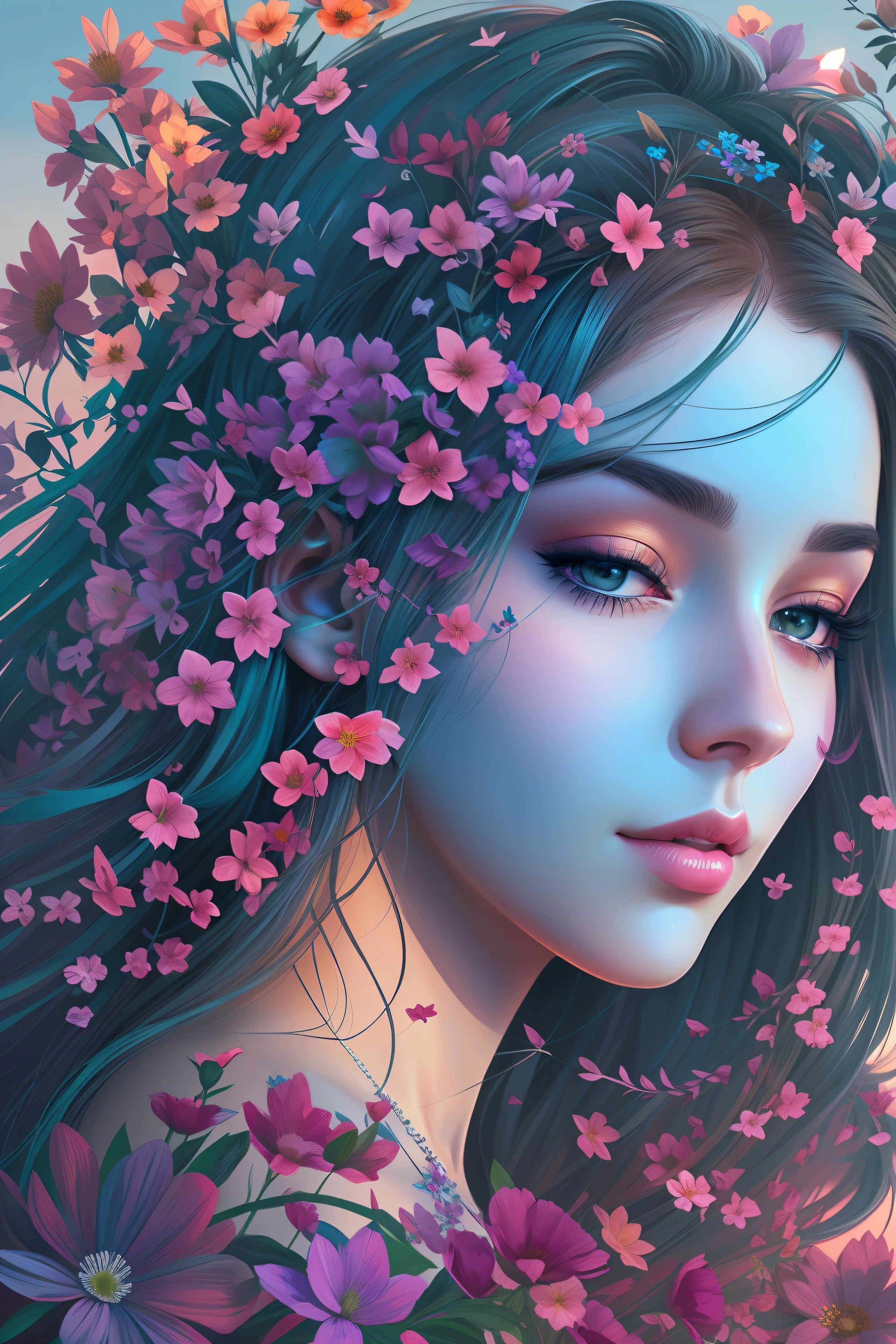 Pintura de uma mulher com flores no cabelo, Arte bonita UHD 4K, bela arte digital, Arte digital altamente detalhada em 4k, Arte digital detalhada em 4k, Jen Bartel, Beeple e Jeremias Ketner, lindo arte digital, Arte digital realista 4K, Arte digital realista 4K, bela arte digital, stunning digital illustration, Beautiful digital illustration