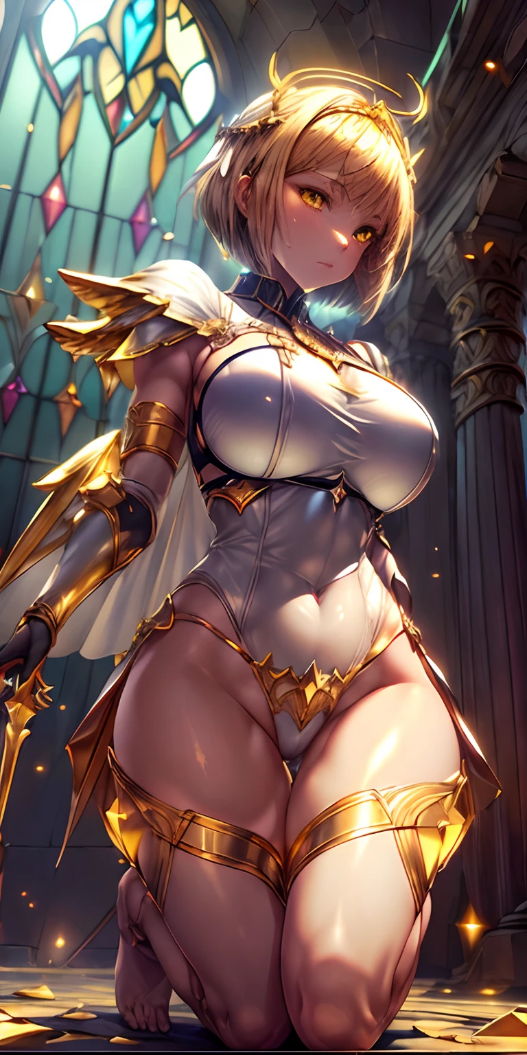 low angle, from below, paladin templar lady in white tabard, legwear, glowing yellow eyes, collar, golden chainmail, wide hips, barefoot, angel wings, pauldrons, halo, bob cut, blonde, eye focus, red cape, temple indoors, decorations, stained glass windows, night, particles, chromatic aberration, detailed, cinematic, dark scene, fantasy