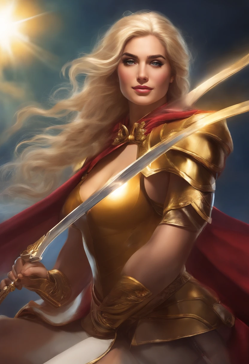 mulher maravilha, scientific fiction, elastano, Shiny Bow, happy expression, espada, rabo-de-cavalo, raios de luz
