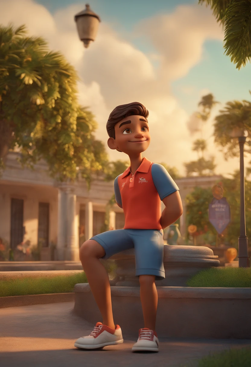 diretor careca gordinho de camisa polo corpo inteiro em frente a uma escola em guapimrim rio de janeiro estilo disney, cartoon, render 3d