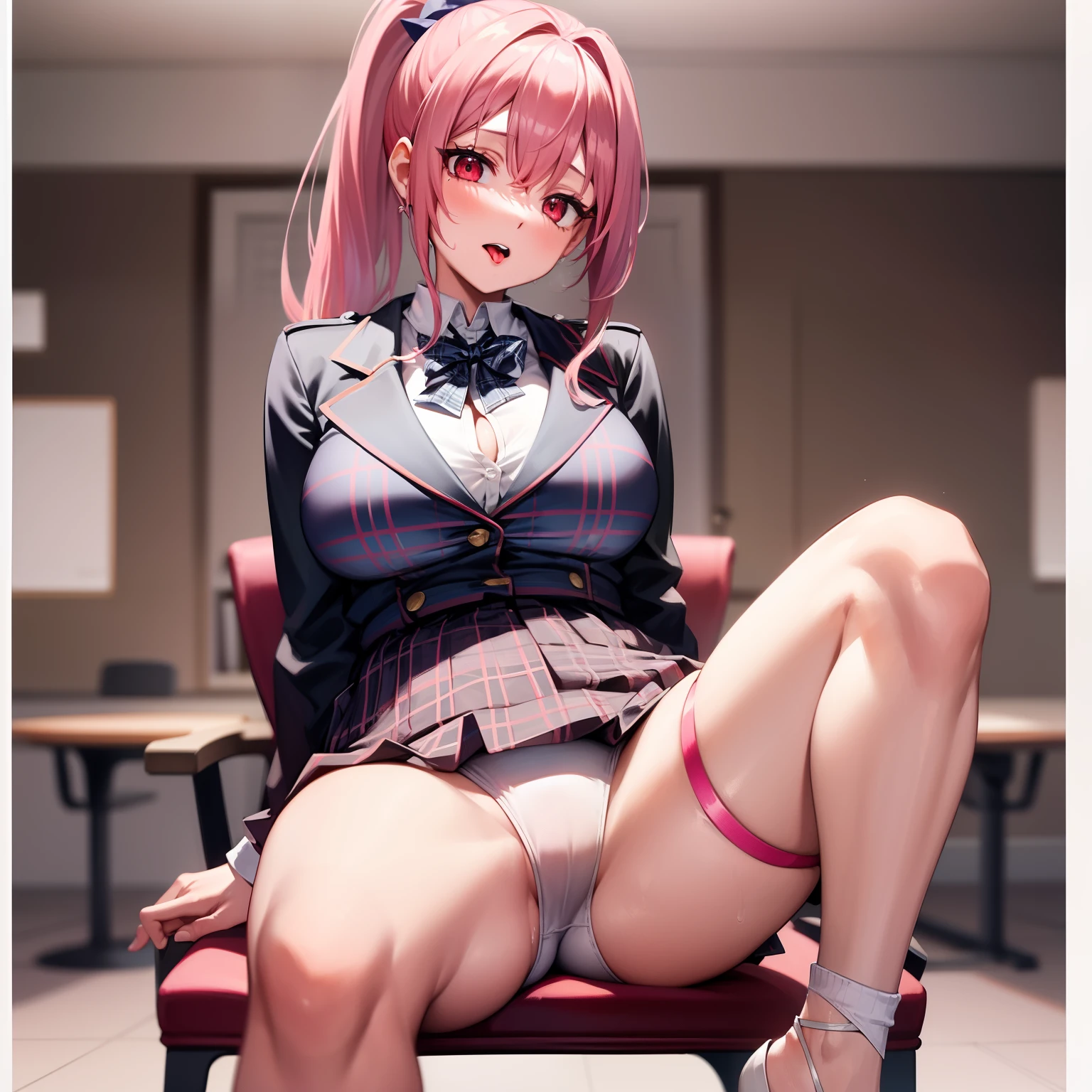 Solo, Delicate Face, Long Eyelashes, Narrow Eyes, (High Ponytail: 1.3), (Red Eyes: 1.3), (Pink Hair and White Mesh: 1.2), Big Cleavage, Slim, Tartan Check, Music Room, Angle from Top, Uniform, Light Blue Underwear, Sweat, Sitting on a Chair, Open Legs, Open Legs, Open Mouth, Tongue Out, Open Legs Wide, Crotch, , Sheer