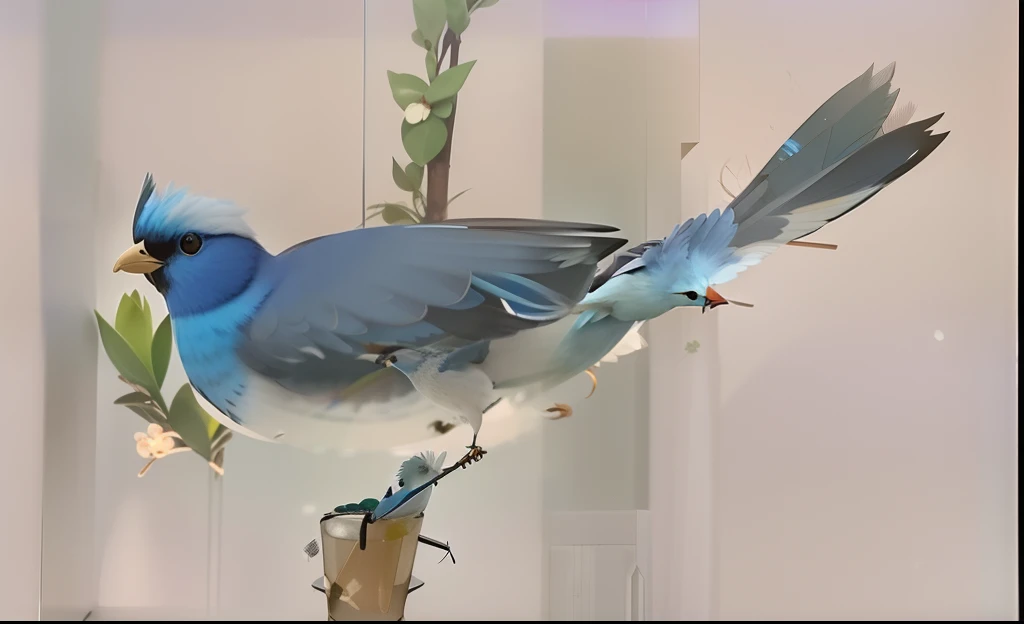 There is a blue bird sitting on a branch in a glass case, ophanim has bird wings, surrealistic bird, blue arara, Robotic birds, kitty-bird hybrid, bluejay, surrealistic bird, hyper realisitc, exquisite and handsome wings, blue phoenix bird, birb, anthropomorphic bird, Turaco deformed chicken