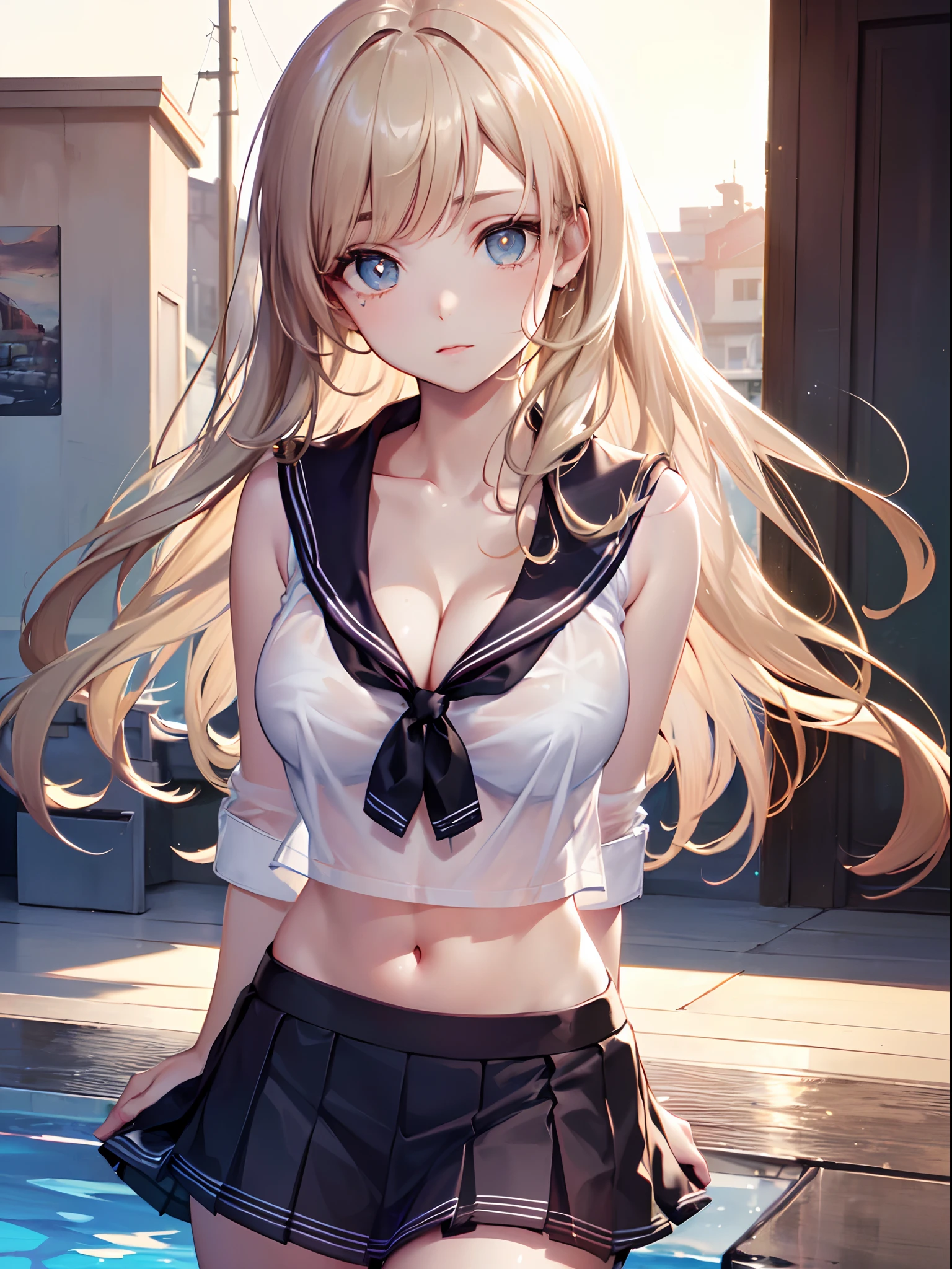 ((masterpiece, best quality, highres, UHD, perfect pixel, depth of field, 4k, RTX, HDR))), 1girl, single, solo, (((cleavage))),  beautiful girl, beautiful artstyle, ((Detailed beautiful eyes, beautiful eyelashes, realistic eyes)), ((detailed face)), ((smooth texture, realistic texture, photorealistic)), (((large breasts))), small ass, perfect body, ((cowboy shot)), ((( white sheer sailor shirt, Sleeveless, Open front))), (((Navel ))), (((Sheer Micro Mini Skirt))), poolside, Perfect Eyes Eyes