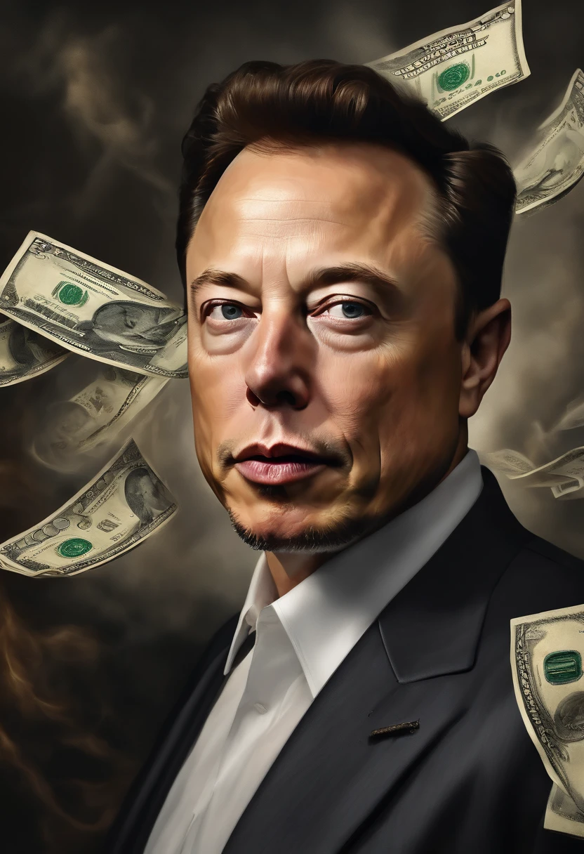 Elon Musk lutando por dinheiro, oil painting, Pinceladas duras, dramatic lighting, intense expression, Olhos determinados, segurar punhos, suor escorrendo pelo rosto, terno enrugado, Correntes quebradas, Crumbling dollar bills, Chart of the crumbling stock market, Smoke rises in the background, preto e branco com um toque de ouro, realismo. (best quality, alta resolução, ultra-detalhado), (Realistic:1.37), profissional, vivid colors.