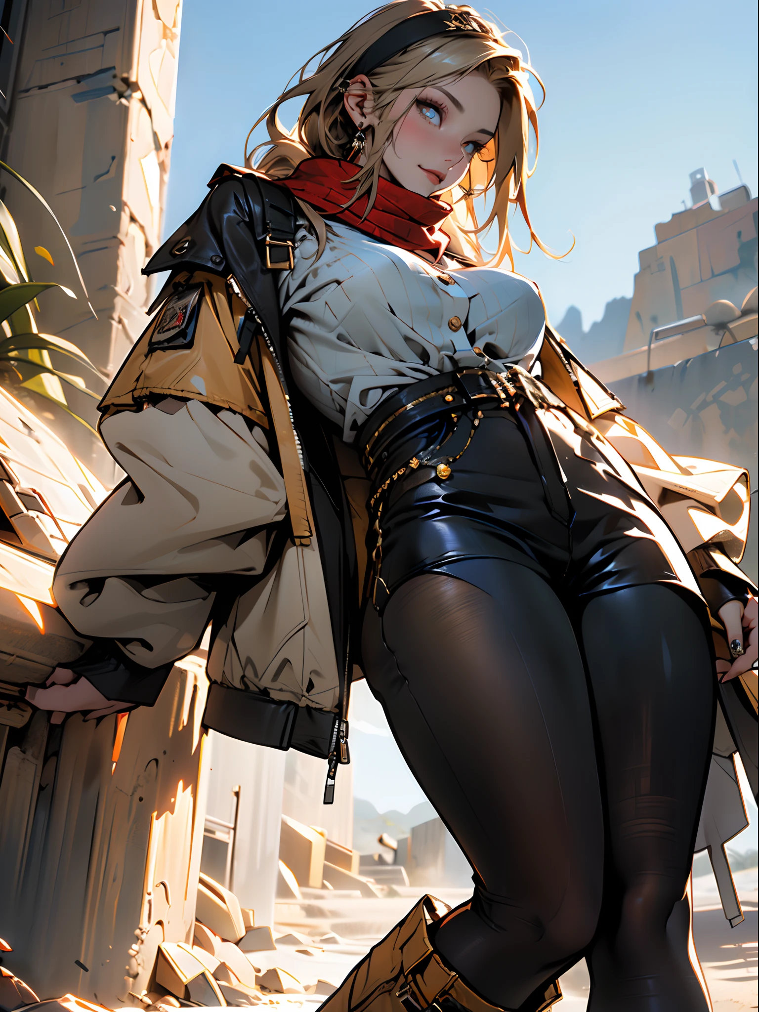 ((in a desert:1.5)), a matured woman with long hair and a white outfit, (resting in oasis:1.2), Arabic, Post apocalyps, from arknights, artwork in the style of guweiz, bodyesbian, fine details. girls frontline, beautiful anime illustration, from girls frontline, by Yang J, stunning, 26 years old, (solo:1.5), (sfw:1.25), sagging breast, large breasts, big tits, thin waist, big ass, Raised sexy, (dark mahogany medium long hair, updo, hair over one eye, asymmetric hair, Carly hair, low tied),(musulman, Headscarfs, hair bands, head vandage, Turban), (ultra high resolution, 8K RAW photo, photo realistics, weak outline:1.3, clear focus), best qualtiy, natural lighting, blurry back ground, field depth, (Bright pupils, detailed beautiful eyes, high detailed face), Red lip, looking at viewers, (tight focus:1.2, from below), sexy posing, seductive weak smiling, center image, (wearing white long jacket and clothes, wearing short pants, gold ornaments, white clothes rolling around waist, camel-brown long leather boots, translucent lace pantyhose), ((correct anatomy:1.5)), ((outdoor:1.2)),