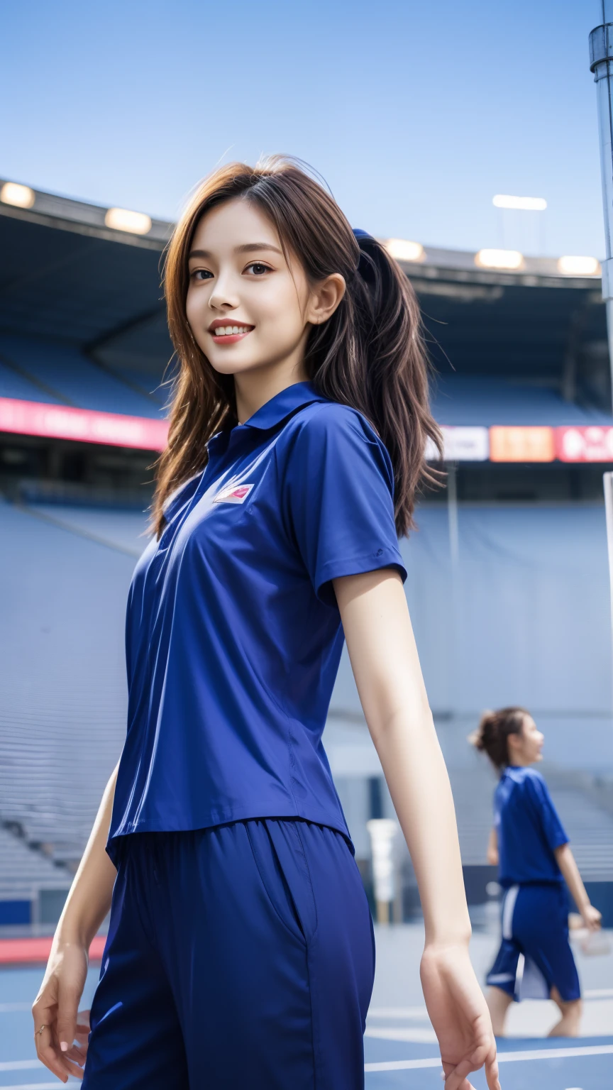 (bestquality,10,10,highres,masterpiece:1.2),ultra-detail,(Realistic,photorealistic portrait,photo-realistic:1.37),1 Cute girl in the football field,oily shiny skin,bara,light smile,BDclothes,((blue shirt:1.3)),short sleeves,shirt, trousers.,(navy_long_Pants Track:1.1), ((Stadium Background:1.3)),dynamic angle,excited,face focus,Dynamic Poses,from behide,Ass Focus,masterpiece, bestquality, ultra realistic, hyper-detail, 8k resolution, RAW photo, crisp focus, ((Navy blue shirt:1.1)), short sleeves, Long Path, Perfect body, 2 mature women, 18yo, cinematic light,Blue sweatpants,Gymware,Correct anatomy,Complete body, Correct body, sharp face, Anatomically correct body, full entire body, Realistic gestures, long-haired, Realistic poses,Wear long shorts..............,Long leg span,Shapely,Sculpting Girl, Slender Figure, mannequin mannequins, Shapely, Beautiful body,Blue sweatpants