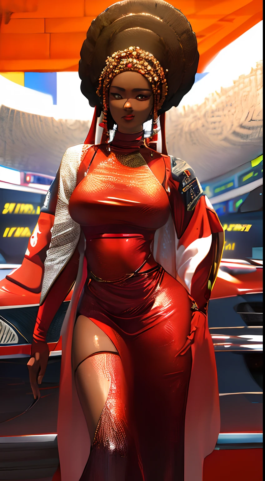 uma mulher africana, vestido vermelho, Motorsport, advanced technology, futurista, sci-fi, Ultra-high-definition image, obra de arte, extremamente detalhado, 16k riqueza em detalhes,