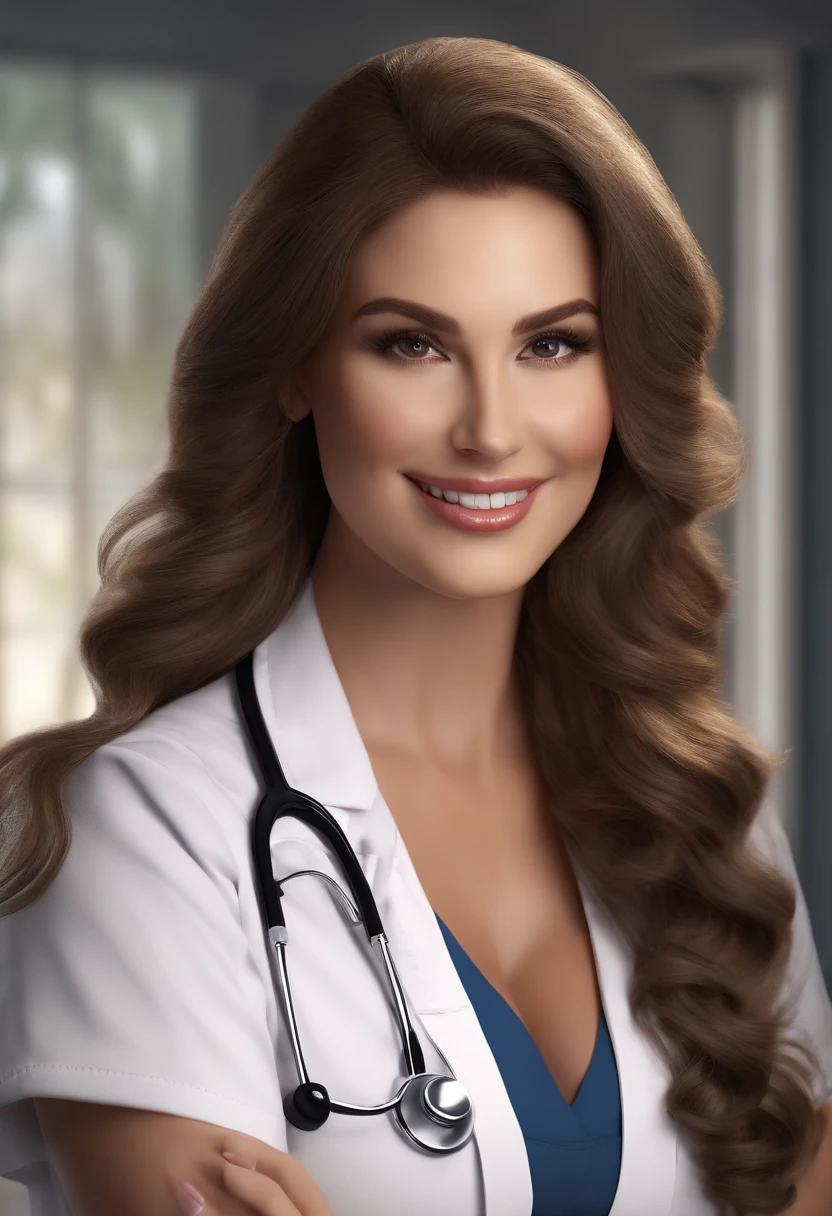 (best quality,4k,highres),beautiful face,brown hair,grey eyes,juicy lips,nurse in scrubs,ample bosom (enhanced:1.1),(voluminous,bust:1.1),(curvaceous,busty:1.2),plump buttocks (enhanced:1.1),(voluptuous:1.1),charming smile,feminine appearance,professional,ultra-detailed,realistic,portrait,soft lighting,subtle colors, flashing her big boobs