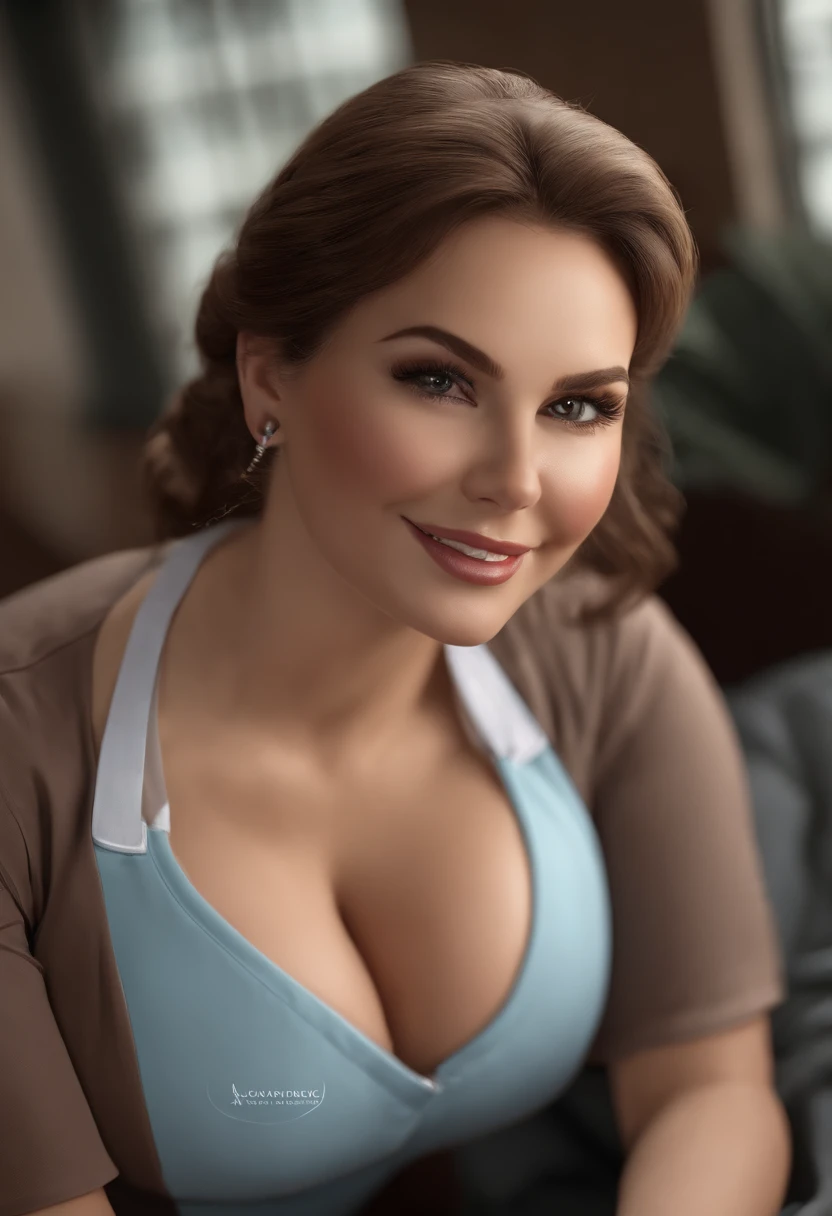 (best quality,4k,highres),beautiful face,brown hair,grey eyes,juicy lips,nurse in scrubs,ample bosom (enhanced:1.1),(voluminous,bust:1.1),(curvaceous,busty:1.2),plump buttocks (enhanced:1.1),(voluptuous:1.1),charming smile,feminine appearance,professional,ultra-detailed,realistic,portrait,soft lighting,subtle colors