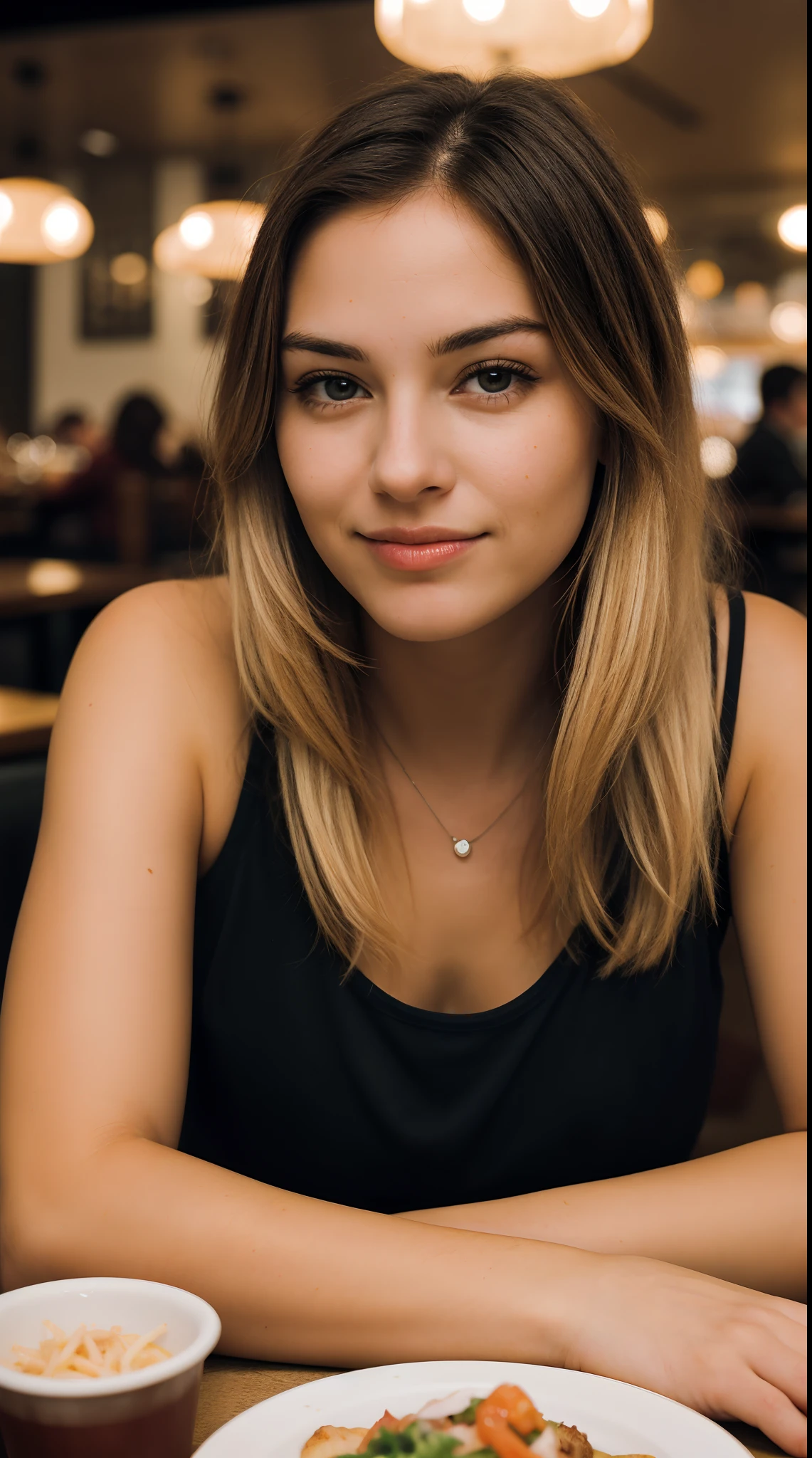 A cute blonde woman with dark theme, sitting in a restaurant, close-up, perfect anatomy.