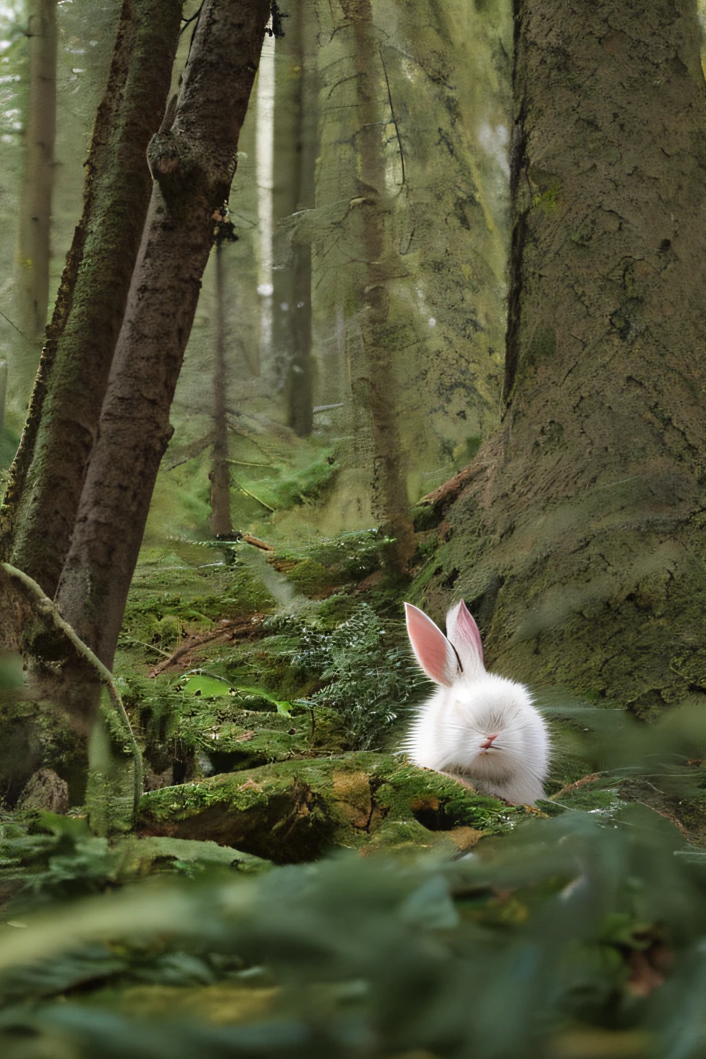 a cute bunny，Look at the map，Hike through the forest in the best quality，Masterpiece，（pastel colour：1.2）
