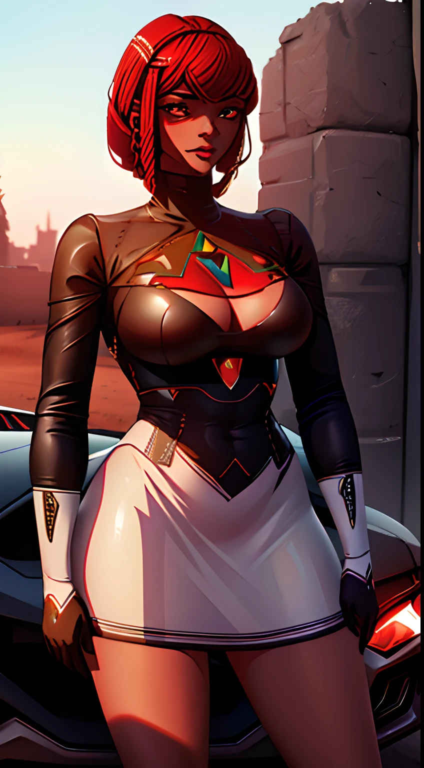 uma mulher africana, vestido vermelho, Motorsport, Lamborghini, advanced technology, futurista, sci-fi, Ultra-high-definition image, obra de arte, extremamente detalhado, 4k, riqueza em detalhes