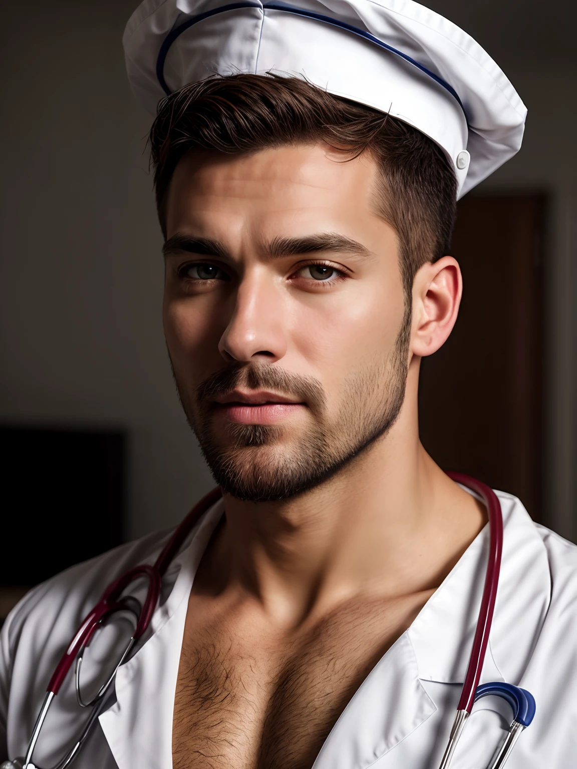 masterpiece, best quality, high resolution, closeup portrait, male focus, solo focus, A man, with doctor clothes, bare chest, body hair, facial hair, muscular, sailor hat, , in the background a doctor office, amazing composition, front view, HDR, ultra quality, elegant, highly detailed