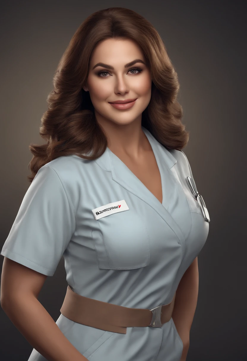 (best quality,4k,highres),beautiful face,brown hair,grey eyes,juicy lips,nurse in scrubs,ample bosom (enhanced:1.1),(voluminous,bust:1.1),(curvaceous,busty:1.2),plump buttocks (enhanced:1.1),(voluptuous:1.1),charming smile,feminine appearance,professional,ultra-detailed,realistic,portrait,soft lighting,subtle colors, flashing her big boobs