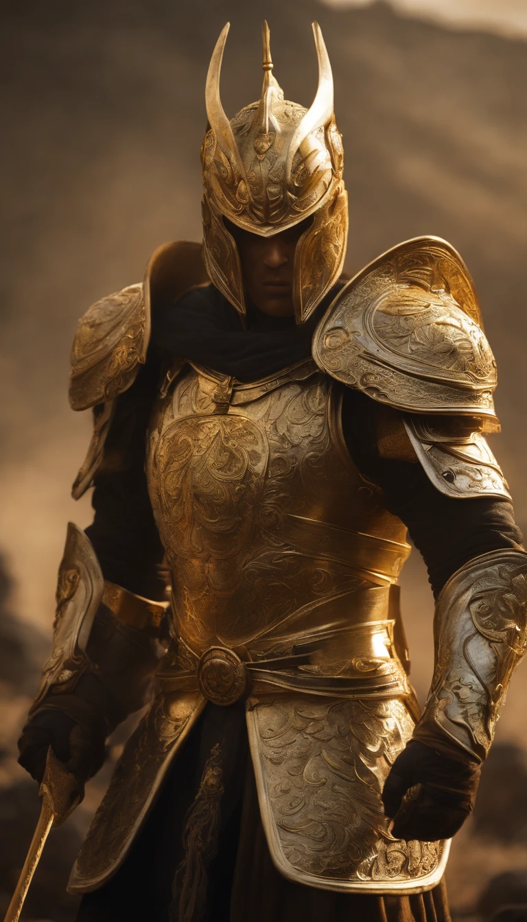 "Saint Seiya character Shaka, the Virgo Knight, in an ultra-realistic version of the Saint Seiya animation. This is a fantasy art concept, set against a battlefield backdrop with a clean rendering. He wears a horned helmet reminiscent of a forgotten deity, donning intricate golden armor, and a flowing white cape. His long blonde hair billows in the wind as he stands with serene facial features and closed eyes. The armor is engraved with intricate patterns, and there is a detailed depiction of the bushido-inspired smoke.

The character is depicted in an 8K realistic rendering for the game, with intricate details of the face and background. The Virgo gold armor is presented in a detailed, clear, and beautiful manner. The overall scene is set in darkness, with a smoky background suggesting a battle scene. An added detail is a yellow aura surrounding the character, completing the submission. The artwork is a full-body shot, showcasing the intricate armor of the Buddhist warrior."