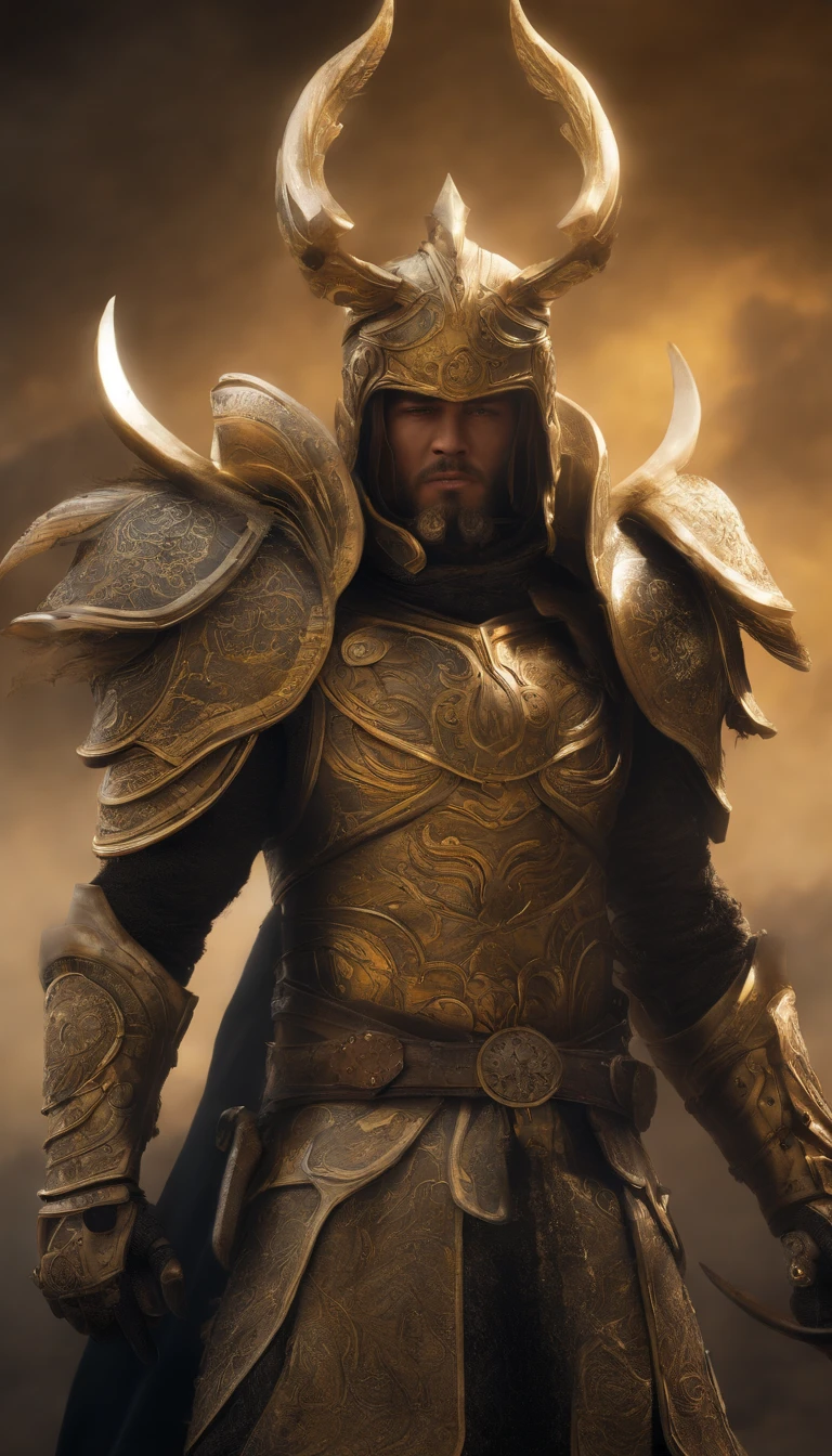 "Saint Seiya character Shaka, the Virgo Knight, in an ultra-realistic version of the Saint Seiya animation. This is a fantasy art concept, set against a battlefield backdrop with a clean rendering. He wears a horned helmet reminiscent of a forgotten deity, donning intricate golden armor, and a flowing white cape. His long blonde hair billows in the wind as he stands with serene facial features and closed eyes. The armor is engraved with intricate patterns, and there is a detailed depiction of the bushido-inspired smoke.
The character is depicted in an 8K realistic rendering for the game, with intricate details of the face and background. The Virgo gold armor is presented in a detailed, clear, and beautiful manner. The overall scene is set in darkness, with a smoky background suggesting a battle scene. An added detail is a yellow aura surrounding the character, completing the submission. The artwork is a full-body shot, showcasing the intricate armor of the Buddhist warrior."