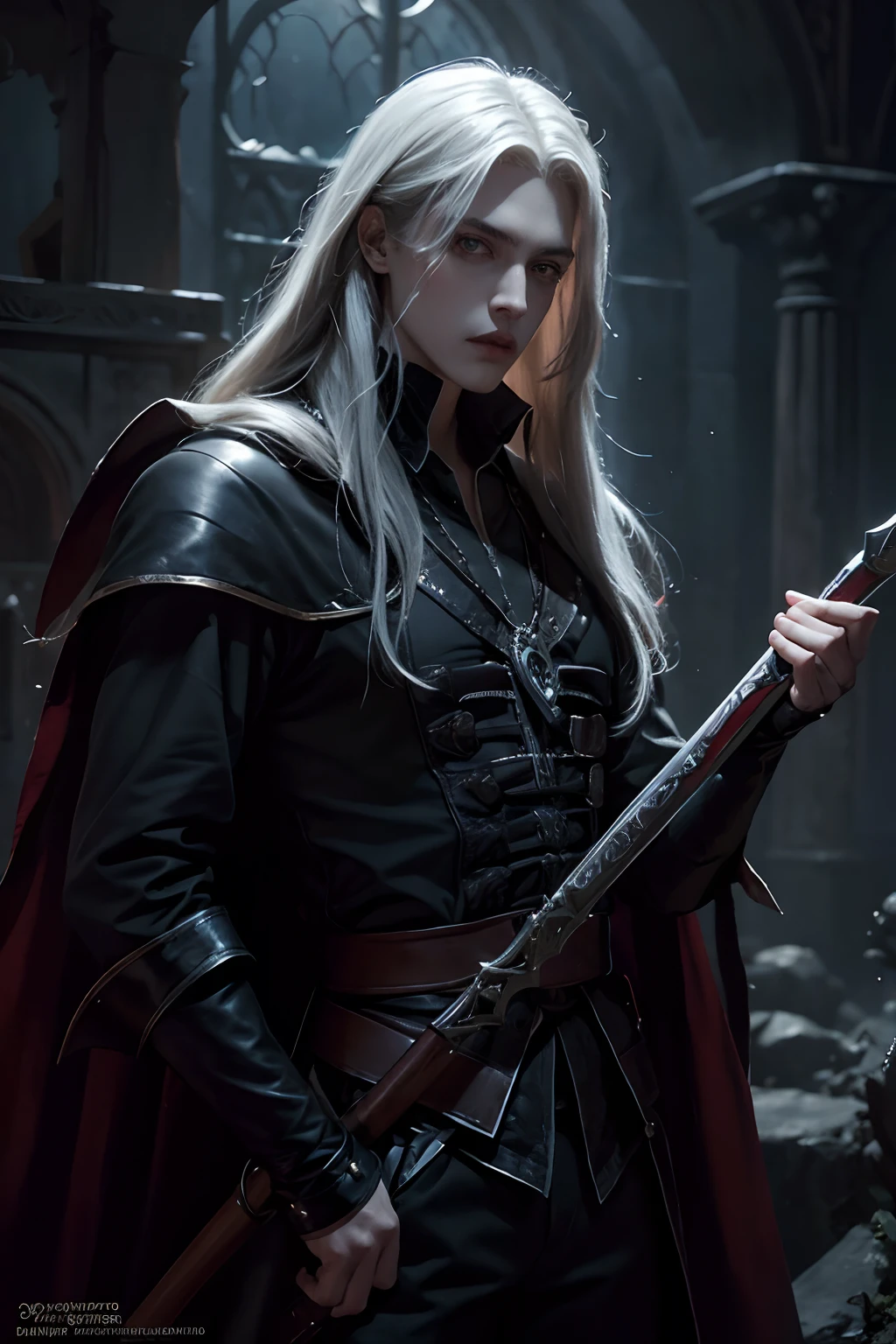 La mejor calidad, obra maestra, (realista:1.2), castlevania Un primer plano de un hombrer disfrazada sosteniendo una espada, Alucard, cara extremadamente detallados,hermosos ojos rojos, Ultra Detailed 4k Dark Fantasy Style Art, Epic & Gothic Art, hijo de Sparda, in style of dark fantasy art, impresionante