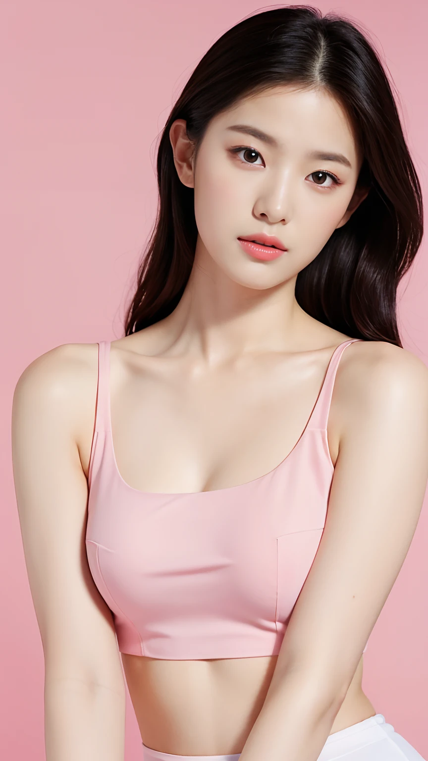 Best quality,masterpiece,ultra high res,(photorealistic:1.4),1girl, in studio, pastel pink background,