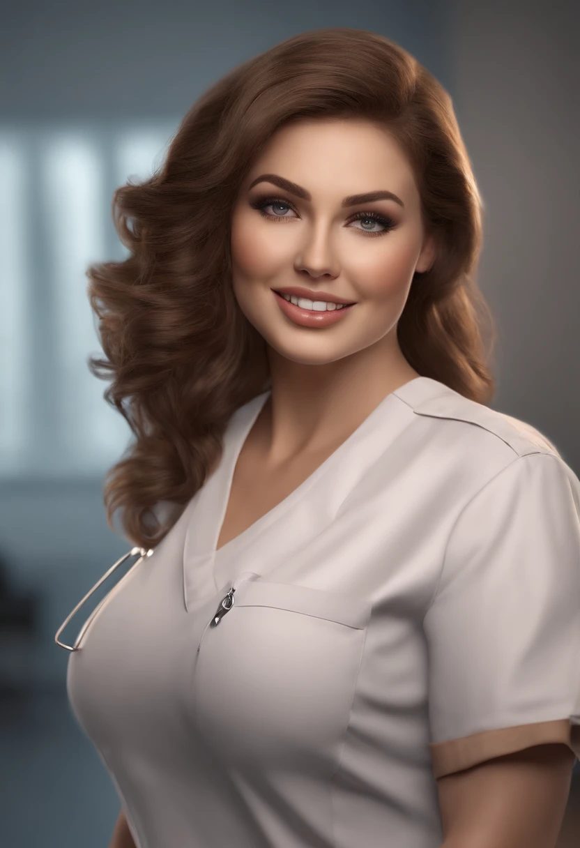 (best quality,4k,highres),beautiful face,brown hair,grey eyes,juicy lips,nurse in scrubs,ample bosom (enhanced:1.1),(voluminous,bust:1.1),(curvaceous,busty:1.2),plump buttocks (enhanced:1.1),(voluptuous:1.1),charming smile,feminine appearance,professional,ultra-detailed,realistic,portrait,soft lighting,subtle colors, flashing her big boobs naked