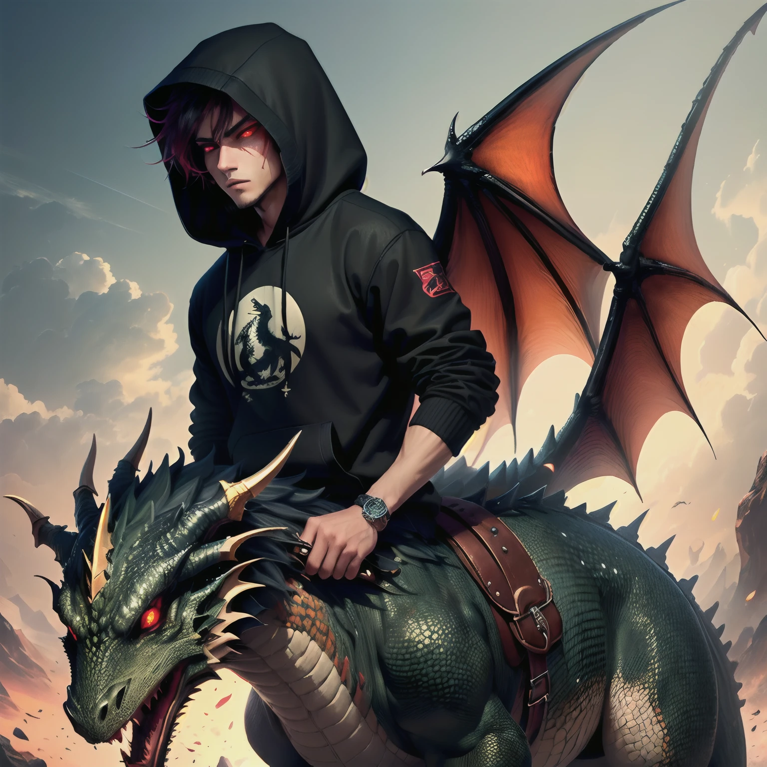Man with black hoodie and red eyes on top of a dragon