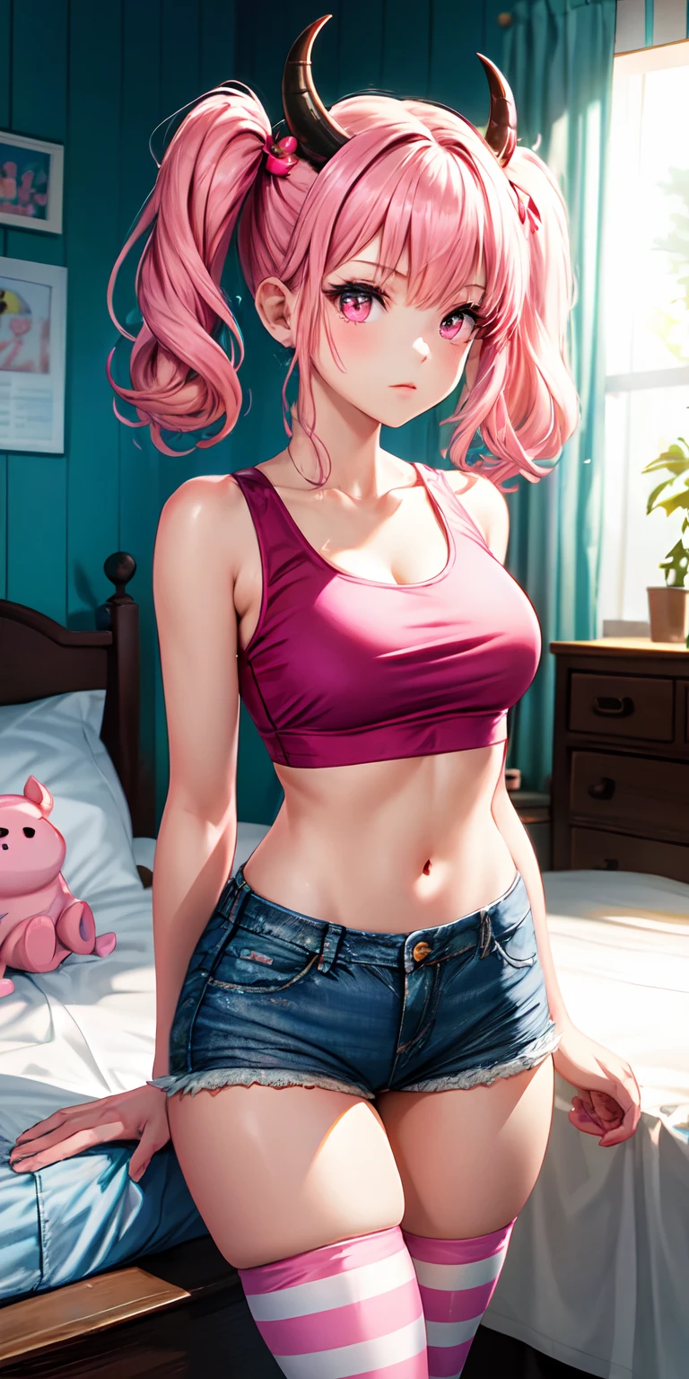 masterpiece, beautiful detail, beautiful light and shadow, 1girl, steaming body, sweaty body, pink hair, yoga suit, face close up, ring light, vibrant clothing store during daylight, background with hints of clothing displays, glasses