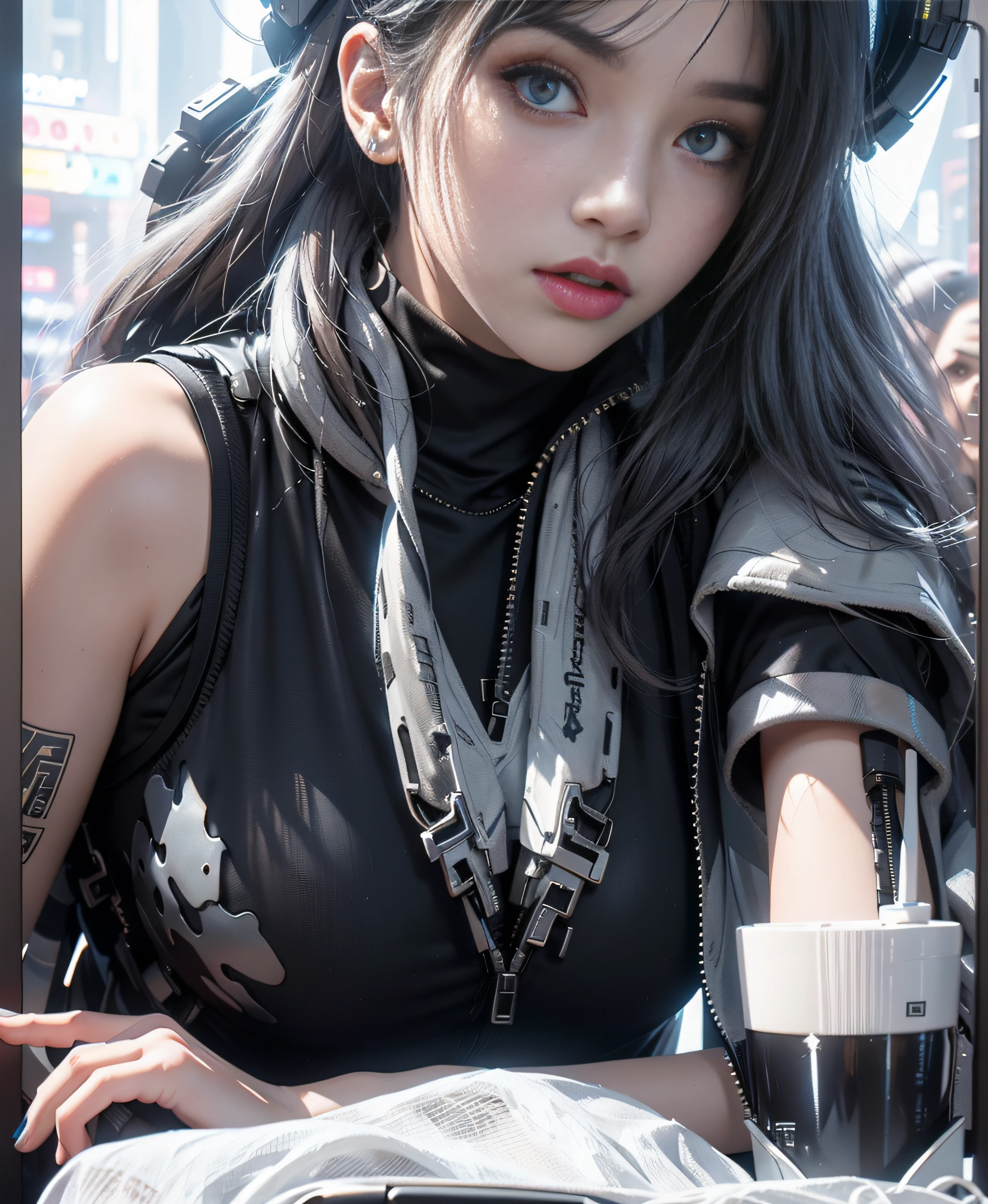 Cyberpunk sci-fi style,Black and white main color clothing,Blue luminous decoration((best qualtiy)), ((tmasterpiece)), (the detail:1.4).3D, A beautiful cyberpunk female image,hdr(HighDynamicRange),Ray traching,NVIDIA RTX,Hyper-Resolution,Unreal 5,Subsurface scattering、PBR Texture、post-proces、Anisotropy Filtering、depth of fields、maximum definition and sharpness、Many-Layer Textures、Albedo e mapas Speculares、Surface coloring、Accurate simulation of light-material interactions、perfectly proportions、rendering by octane、Two-colored light、largeaperture、Low ISO、White balance、the rule of thirds、8K raw data、Cyberpunk sci-fi style,Black and white dominant color clothing,Blue luminous decoration,Highly reflective texture