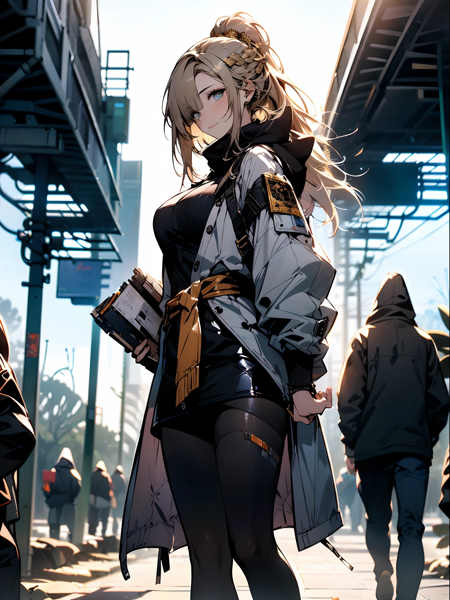 ((in a desert:1.5)), a matured woman with long hair and a white outfit, (resting in oasis:1.2), Arabic, Post apocalyps, from arknights, artwork in the style of guweiz, bodyesbian, fine details. girls frontline, beautiful anime illustration, from girls frontline, by Yang J, stunning, 26 years old, (solo:1.5), (sfw:1.25), sagging breast, large breasts, big tits, thin waist, big ass, Raised sexy, (dark mahogany medium long hair, updo, hair over one eye, asymmetric hair, Carly hair, low tied),(musulman, Headscarfs, hair bands, head vandage, Turban), (ultra high resolution, 8K RAW photo, photo realistics, weak outline:1.3, clear focus), best qualtiy, natural lighting, blurry back ground, field depth, (Bright pupils, detailed beautiful eyes, high detailed face), Red lip, looking at viewers, (tight focus:1.2, from below), sexy posing, seductive weak smiling, center image, (wearing white long jacket and clothes, wearing short pants, gold ornaments, white clothes rolling around waist, camel-brown long leather boots, translucent lace pantyhose), ((correct anatomy:1.5)), ((outdoor:1.2)),